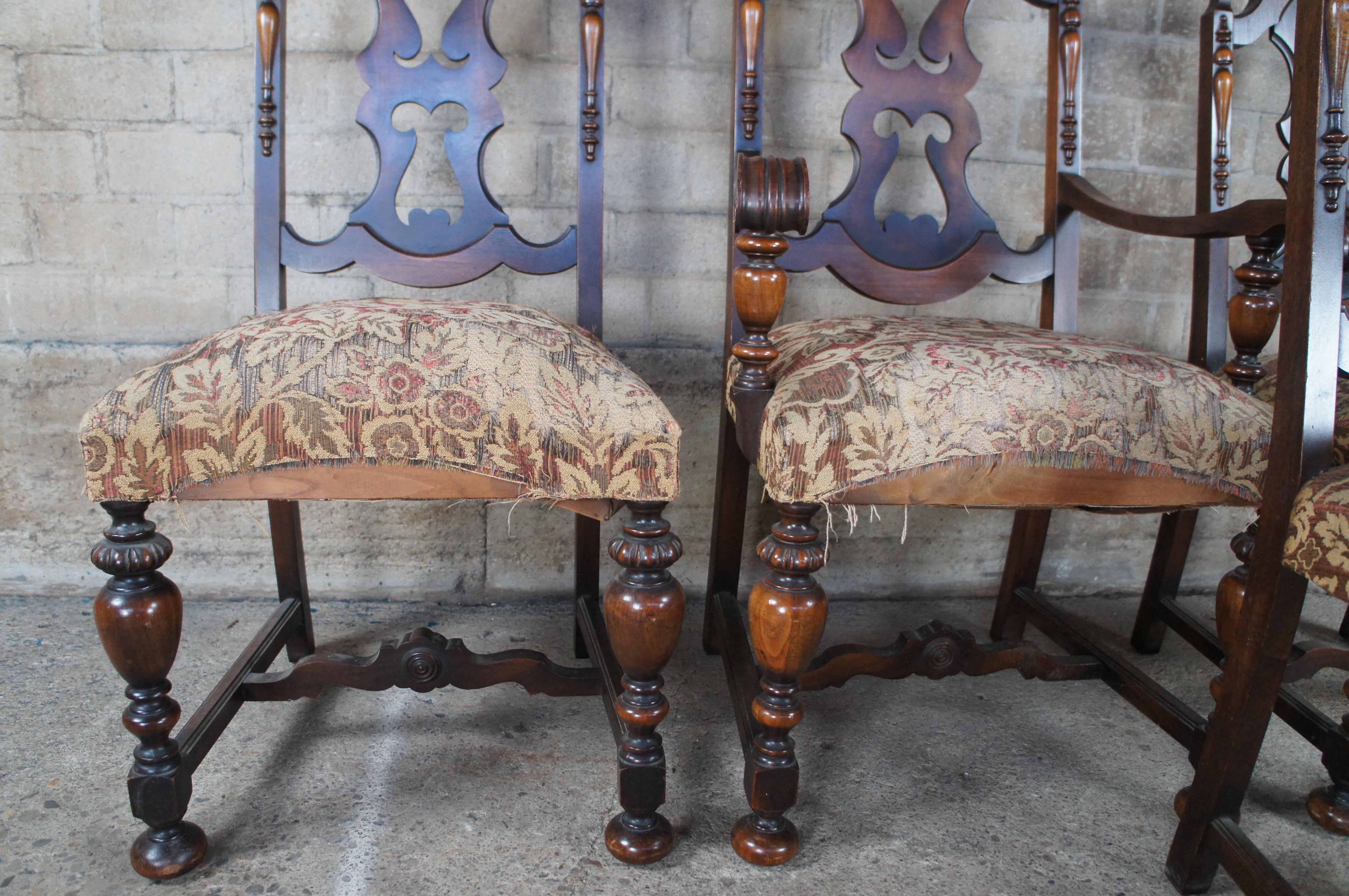 20th Century 5 Antique Rockford Jacobean Spanish Revival Walnut Carved Dining Chairs