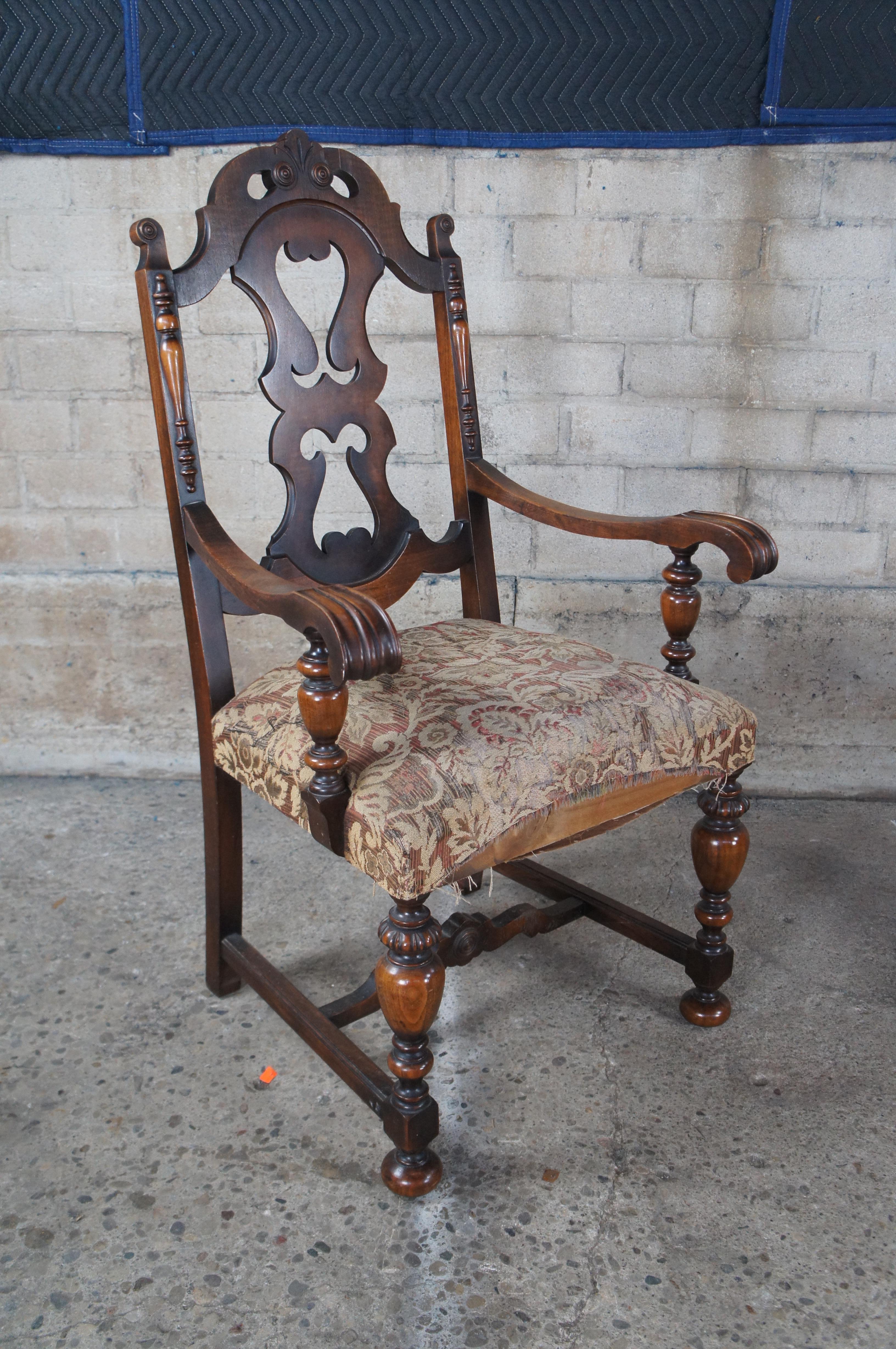 Upholstery 5 Antique Rockford Jacobean Spanish Revival Walnut Carved Dining Chairs