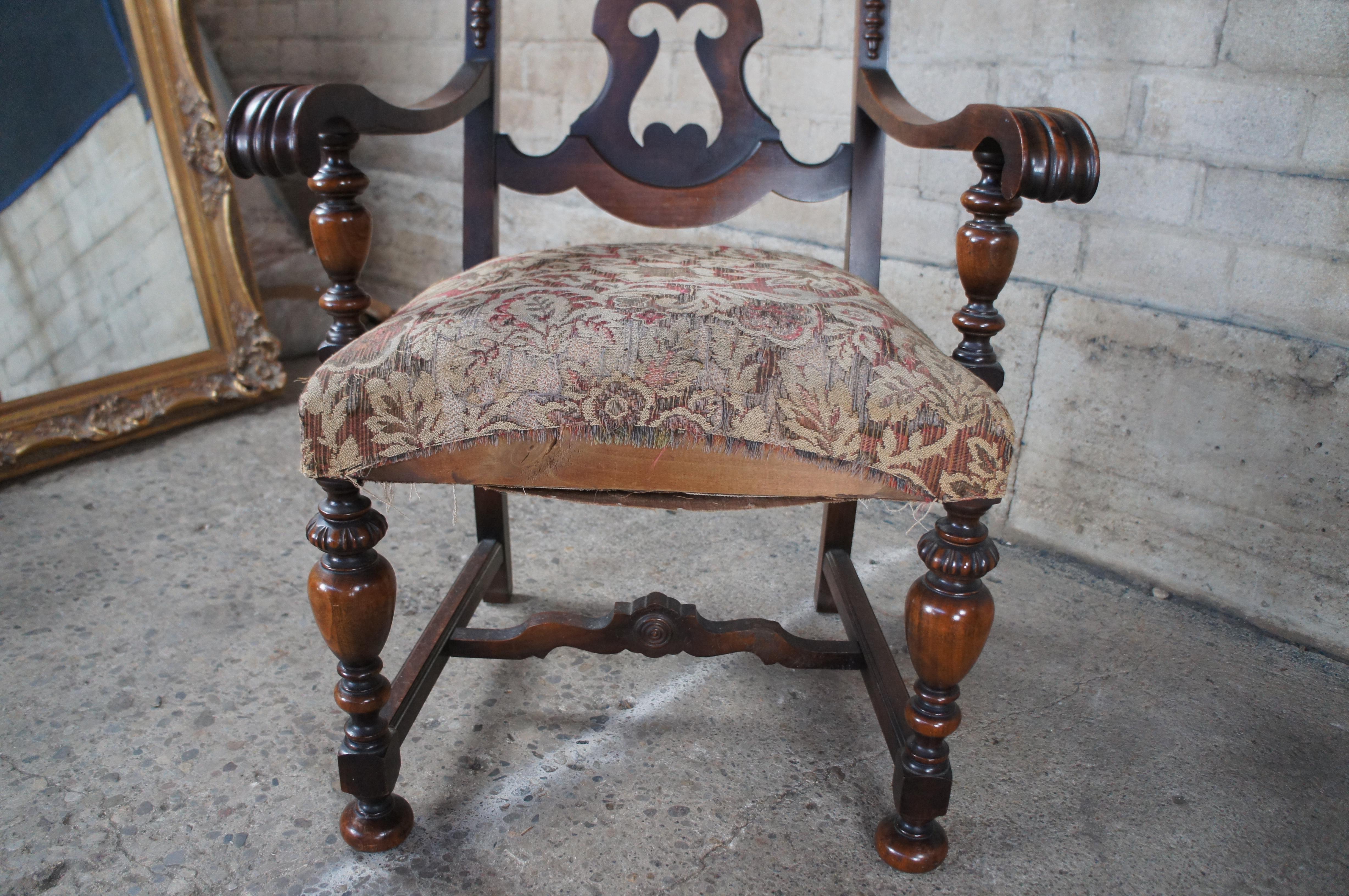 5 Antique Rockford Jacobean Spanish Revival Walnut Carved Dining Chairs 1