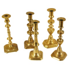 5 Antique Victorian Brass Candlesticks, Scotland 1880