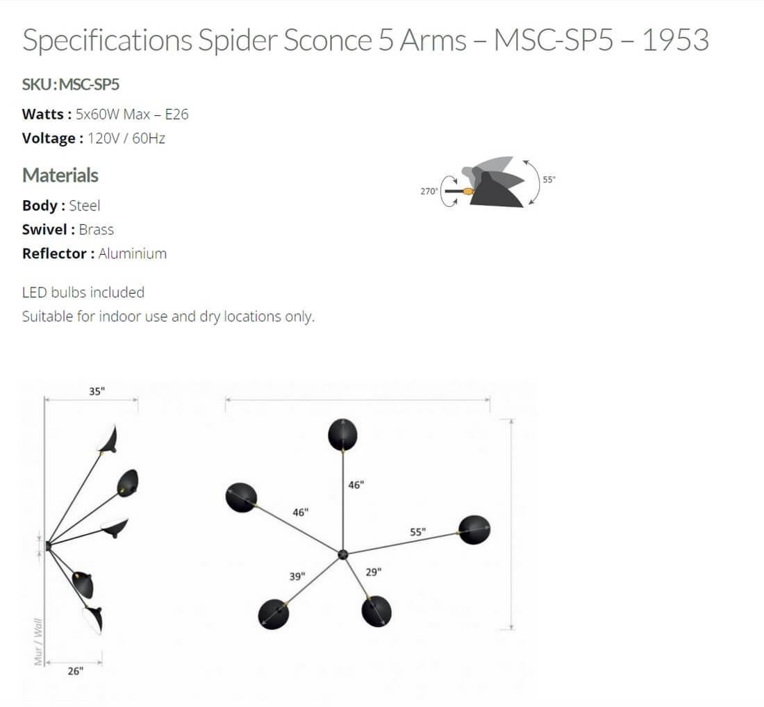 Serge Mouille - 5 Arm Black Spider Sconce For Sale 1