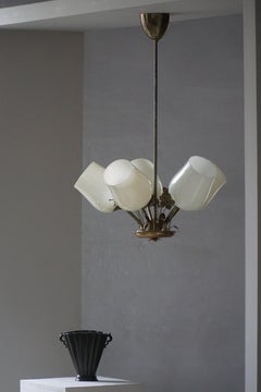 5-Arm Chandelier in Brass & Glass by Paavo Tynell for Idman OY Finland, 1940s