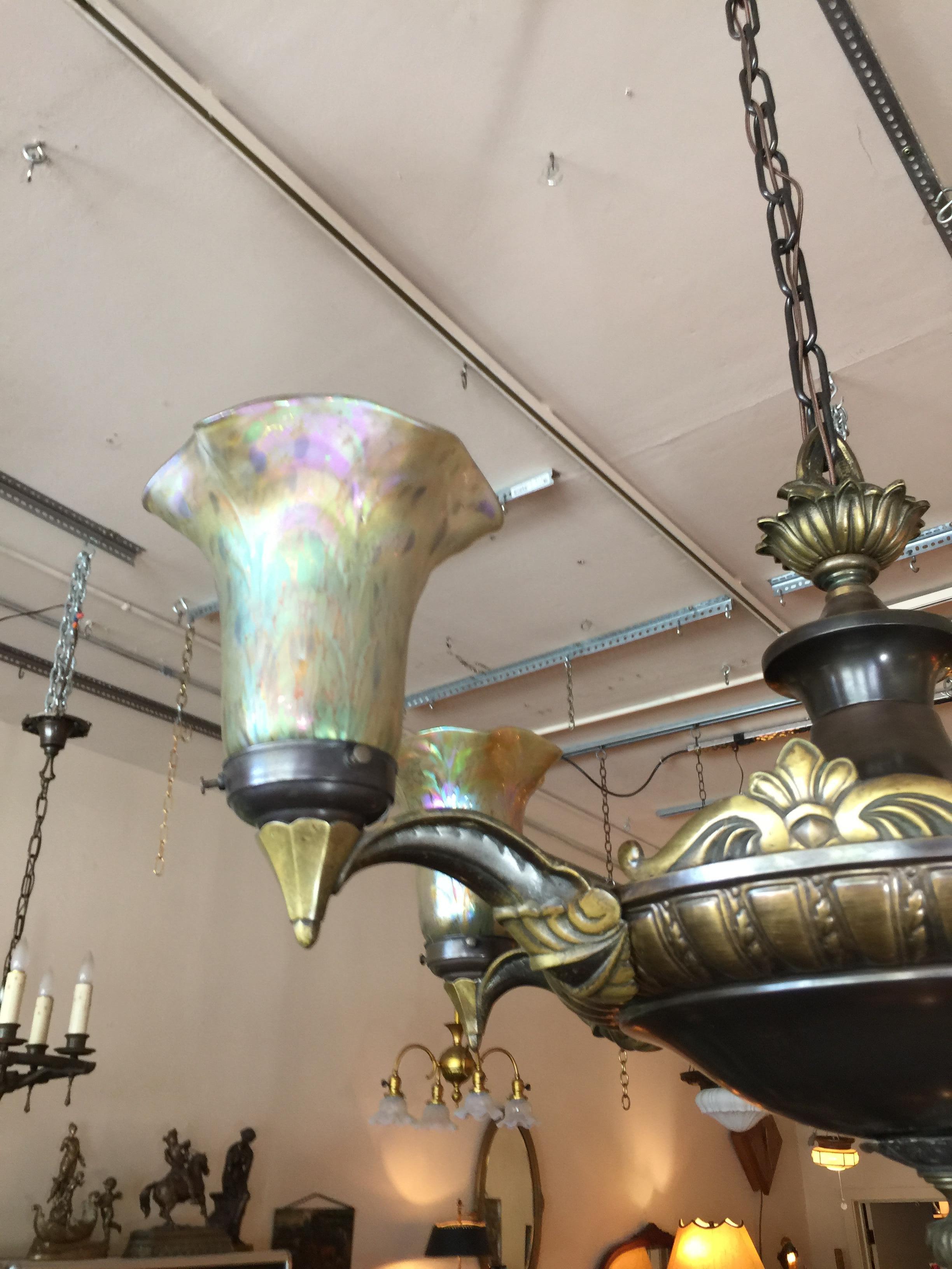 Beaux Arts 5-Arm Continental Chandelier with 5 Hand Blown Glass Shades, circa 1910