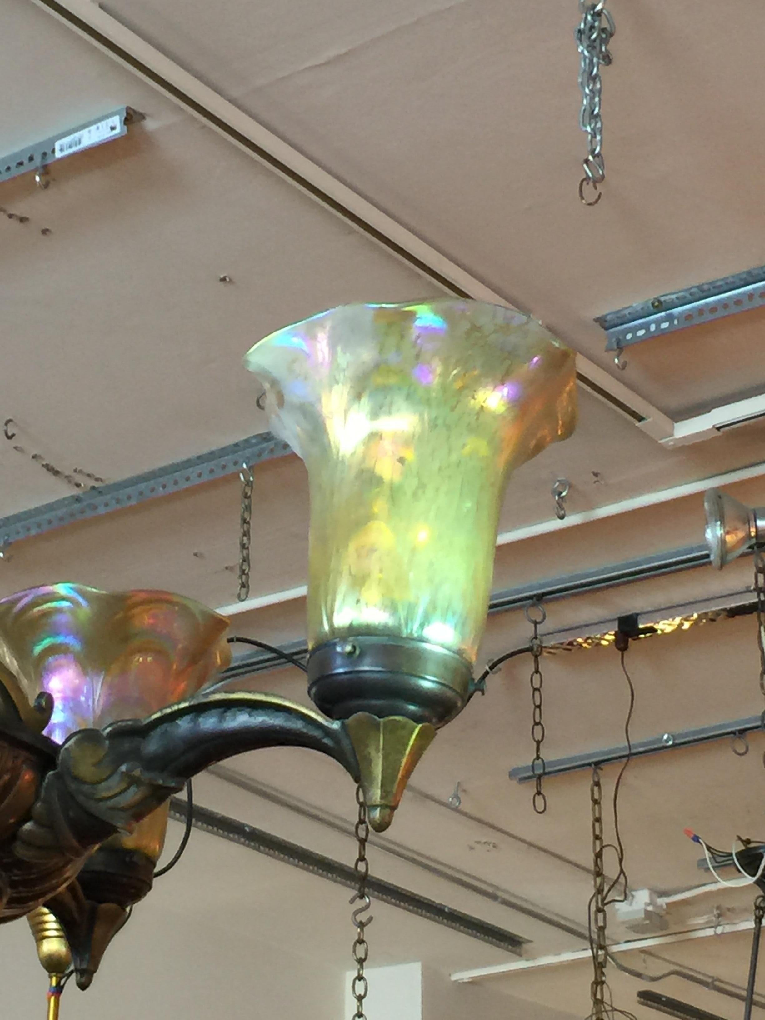 Hand-Crafted 5-Arm Continental Chandelier with 5 Hand Blown Glass Shades, circa 1910