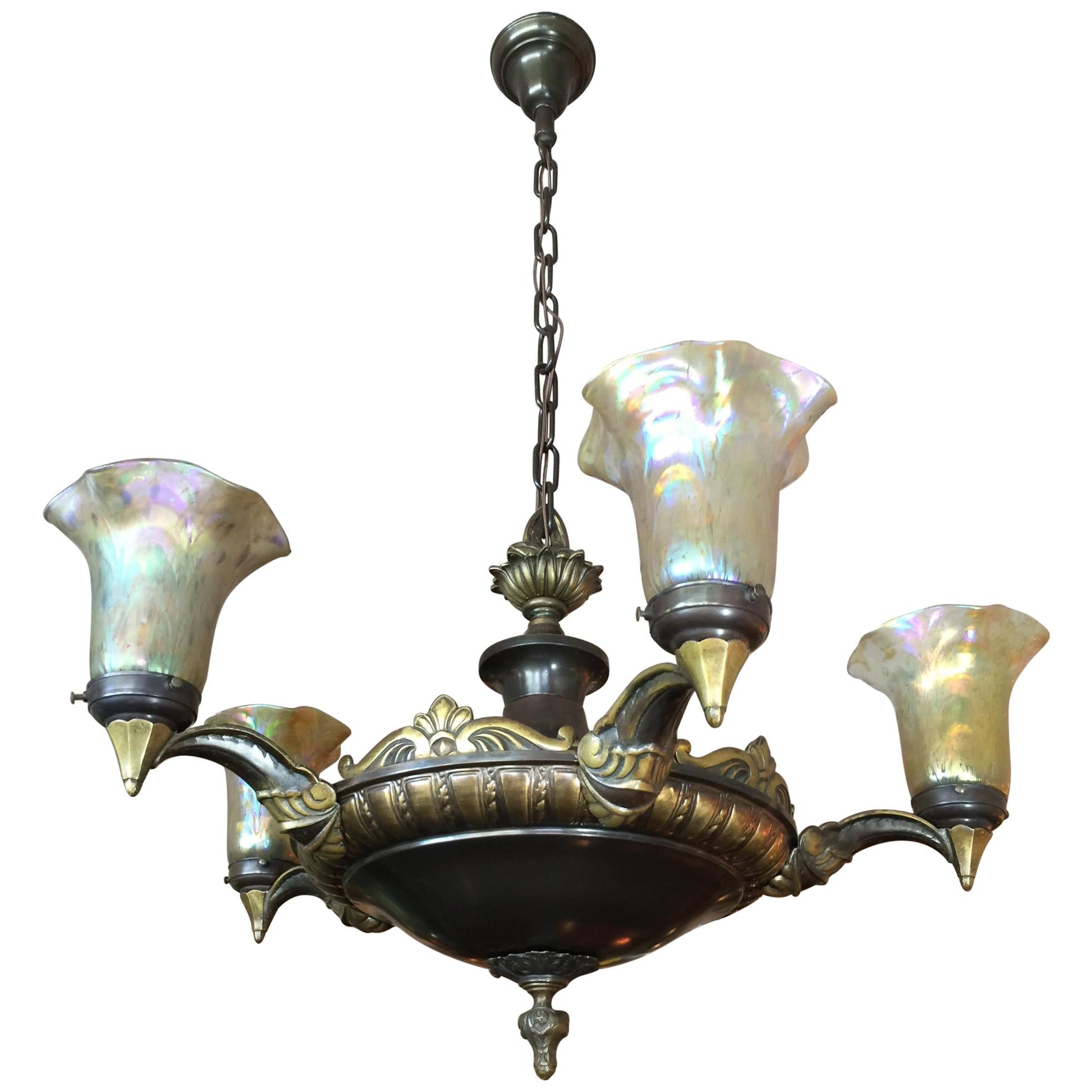 5-Arm Continental Chandelier with 5 Hand Blown Glass Shades, circa 1910