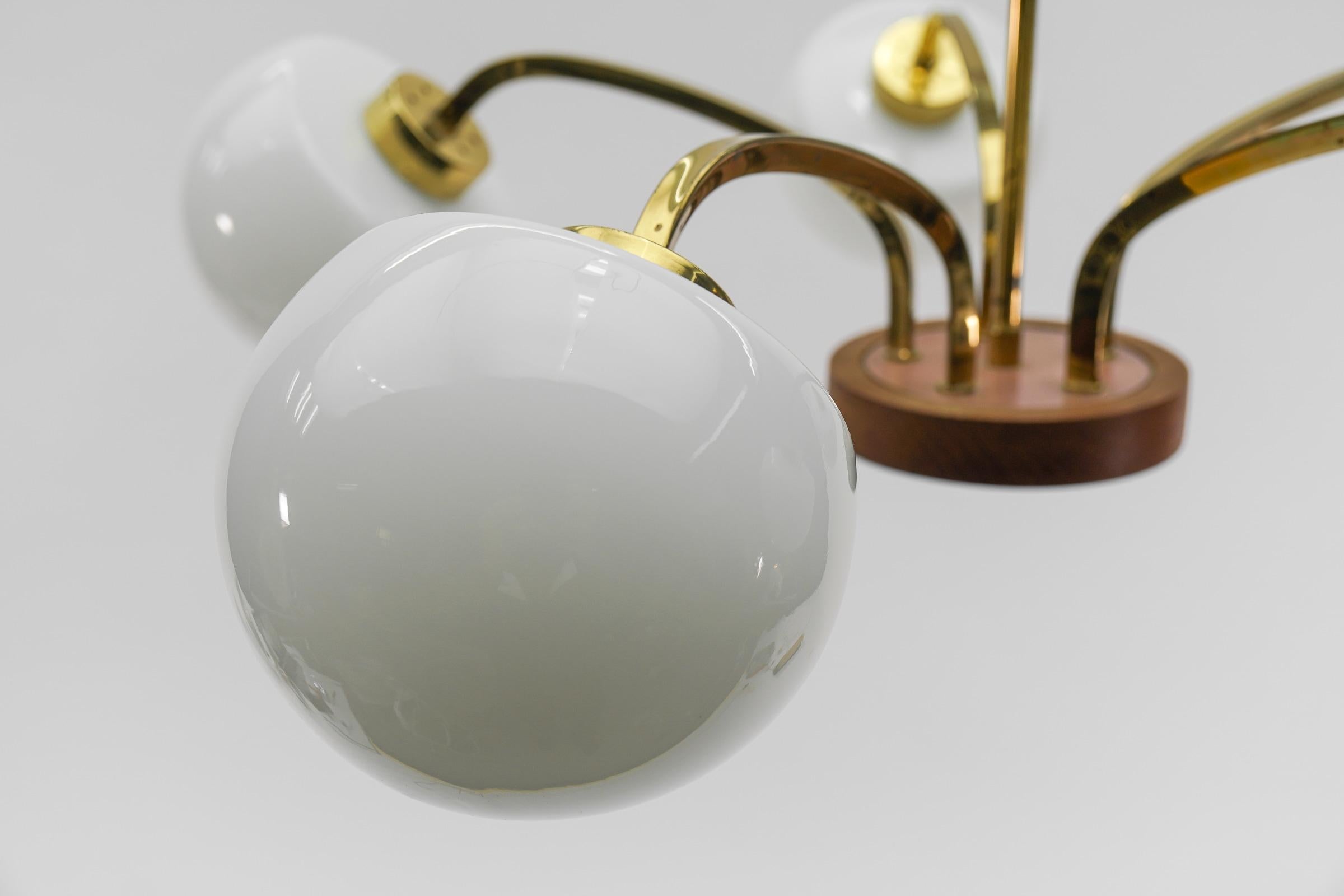 5-Arm Mid-Century Modern Orbit Lamp in Brass, Teak and Milk Glass, 1960s 4