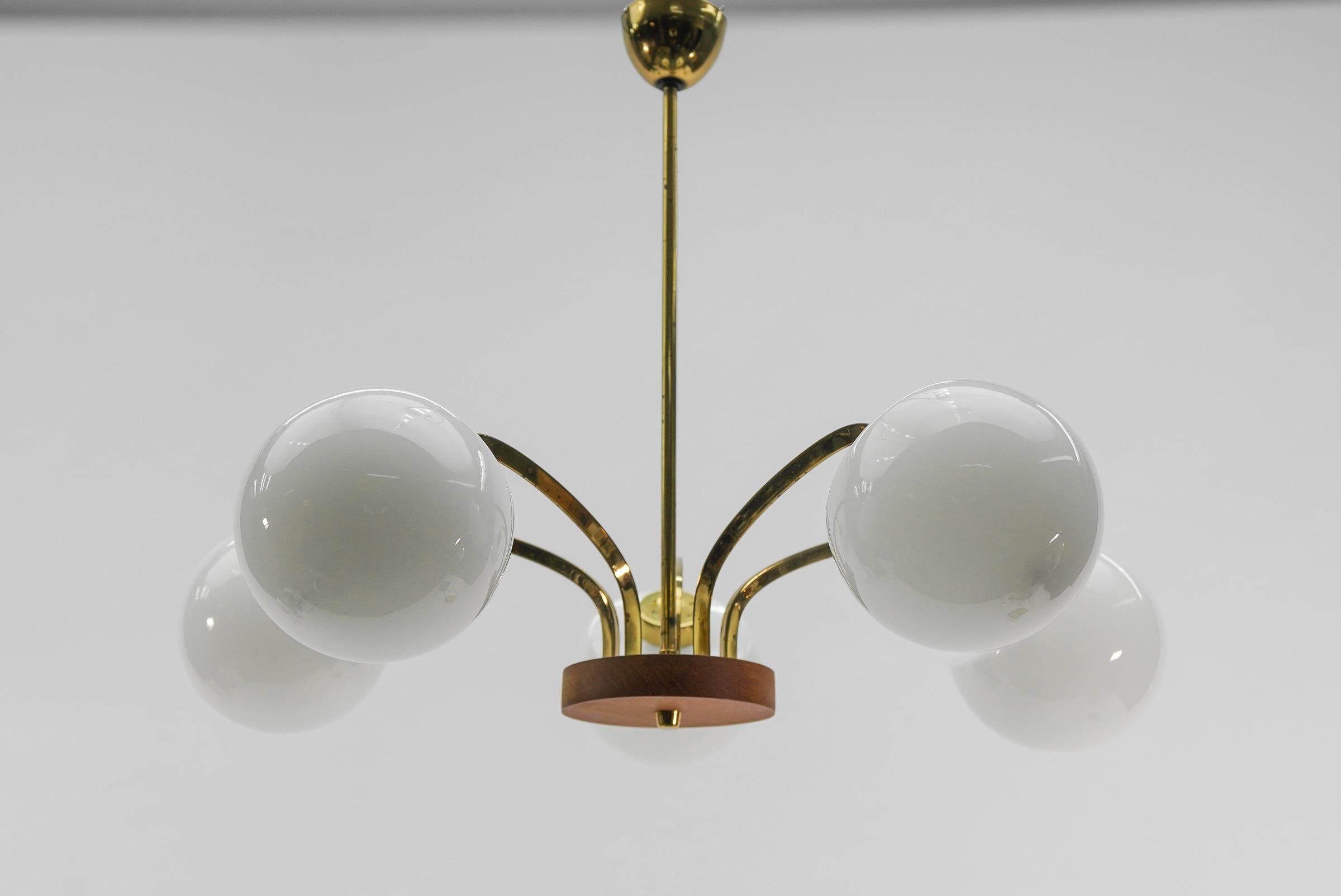 5-Arm Mid-Century Modern Orbit Lamp in Brass, Teak and Milk Glass, 1960s 2