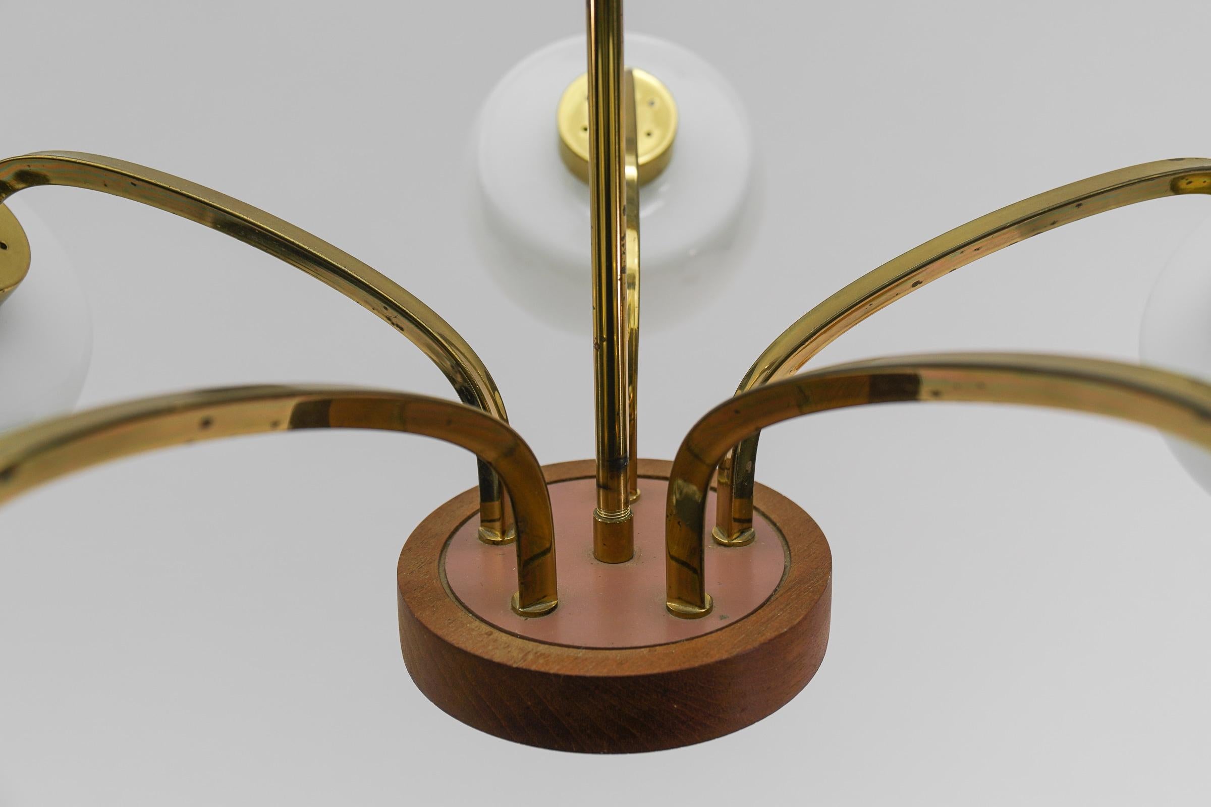5-Arm Mid-Century Modern Orbit Lamp in Brass, Teak and Milk Glass, 1960s 3