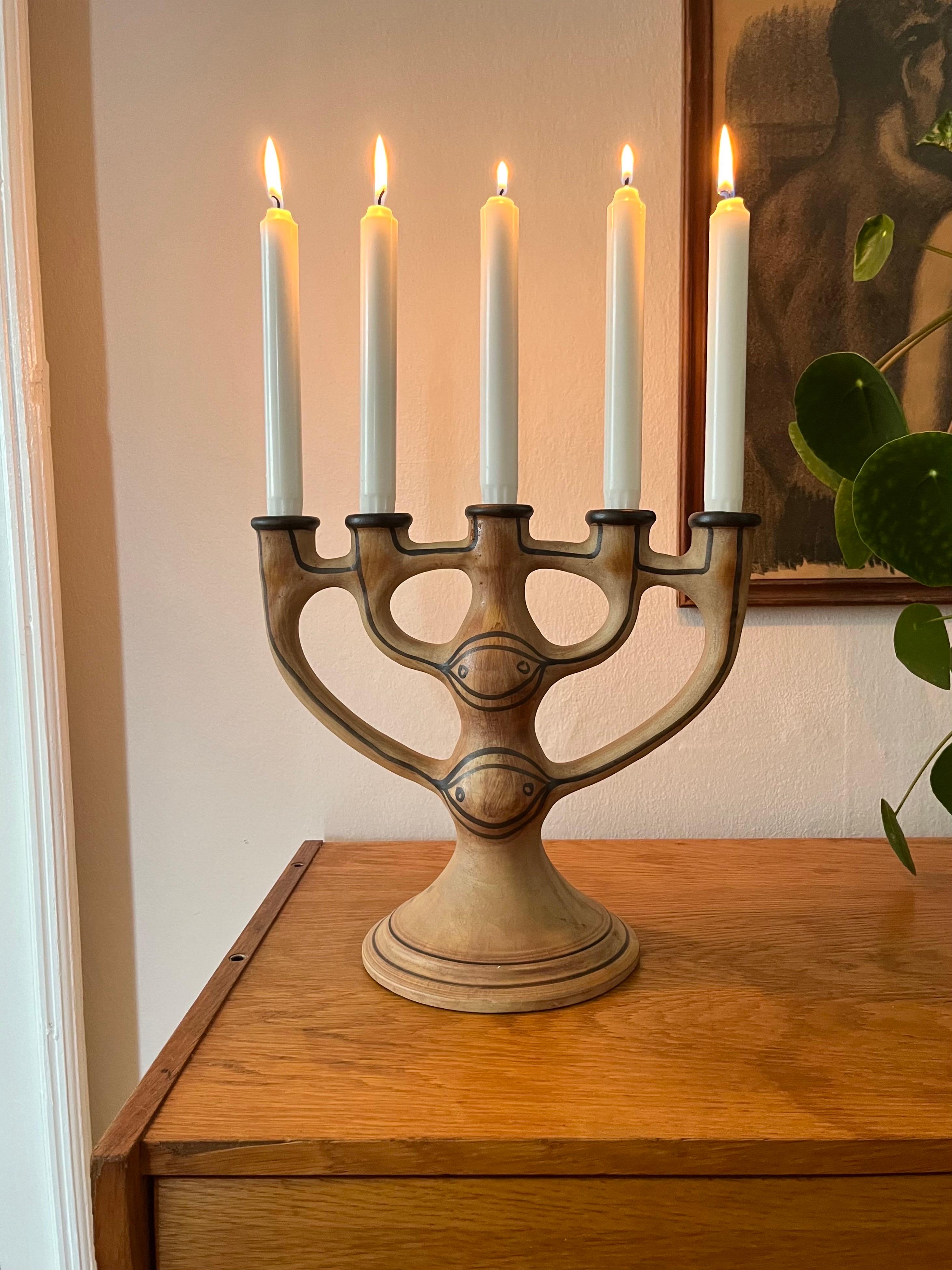 Scandinavian Modern 5-Arm Stoneware Candelabra by Asbo Stentøj, Denmark, 1980s For Sale