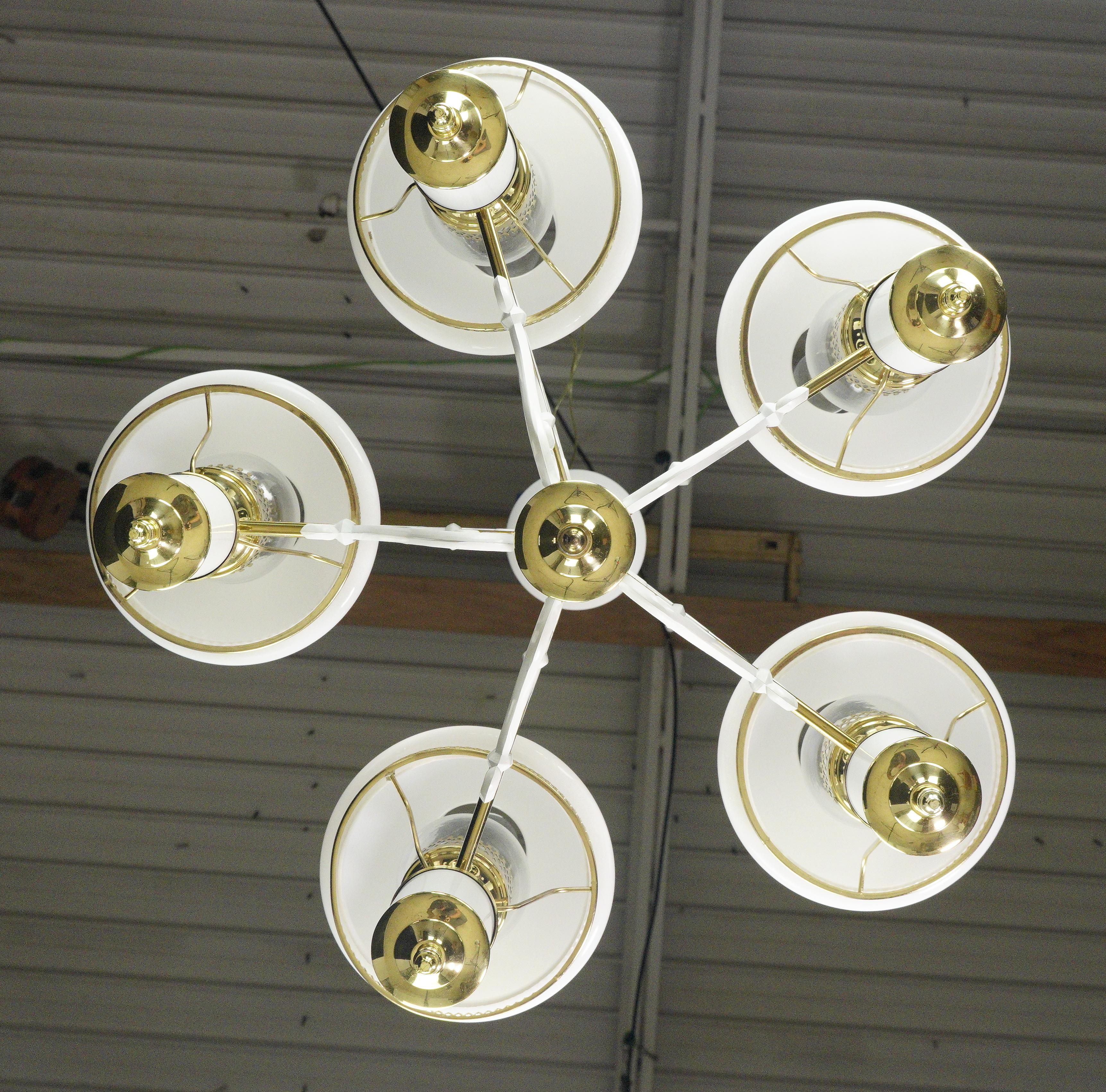 5 Arm White Glass Shades Steel Aluminum Chandelier For Sale 7