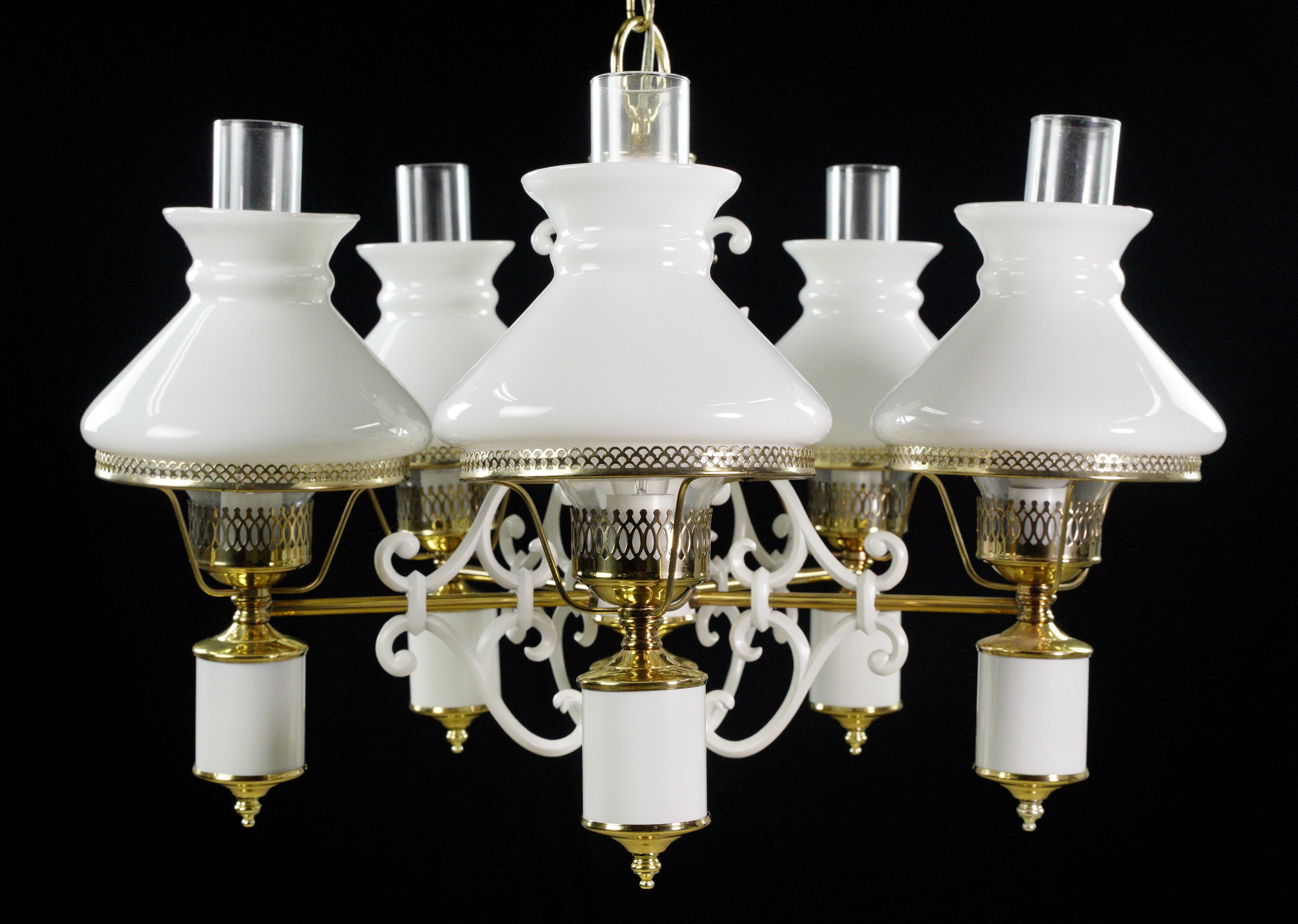 Victorian 5 Arm White Glass Shades Steel Aluminum Chandelier For Sale