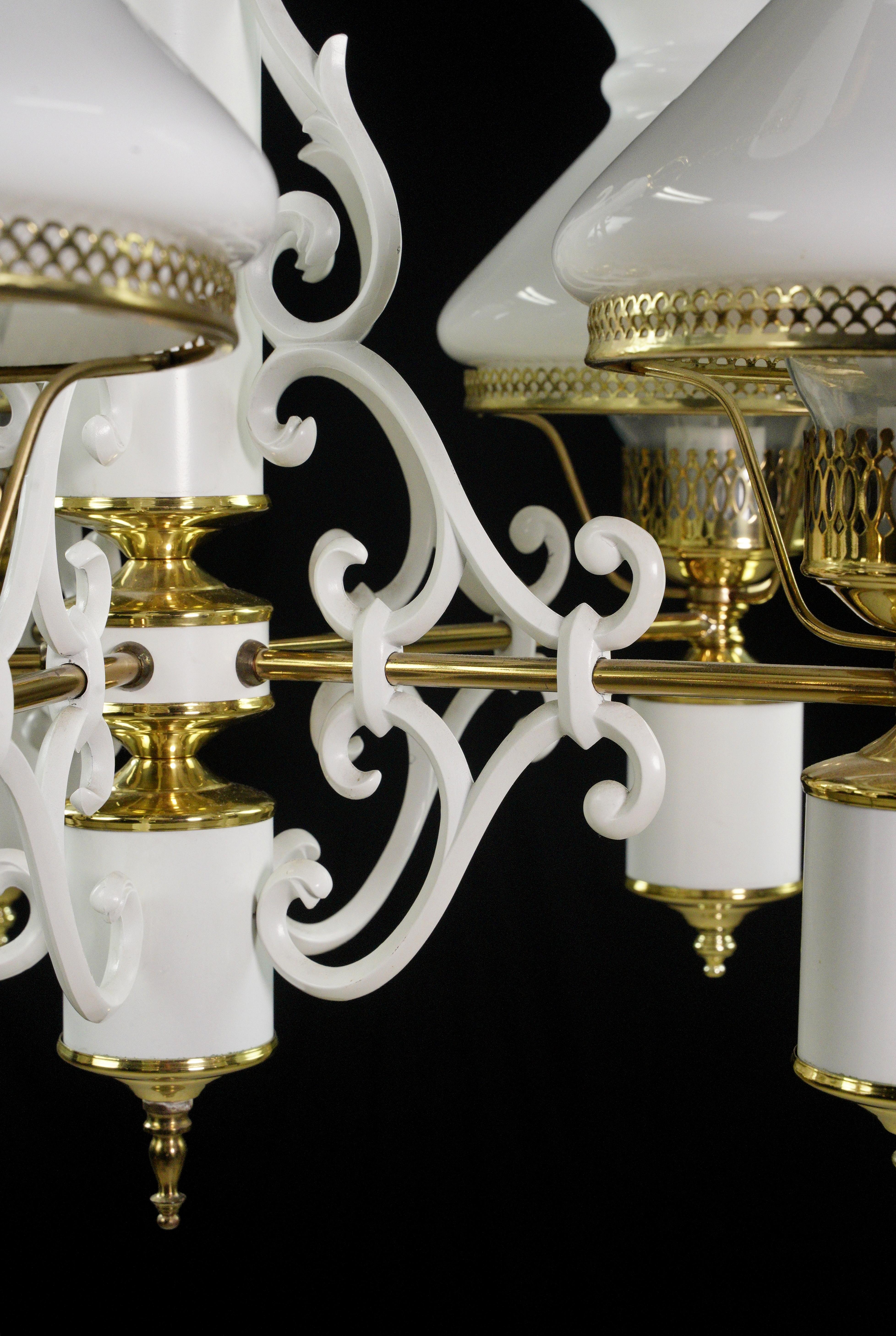20th Century 5 Arm White Glass Shades Steel Aluminum Chandelier For Sale