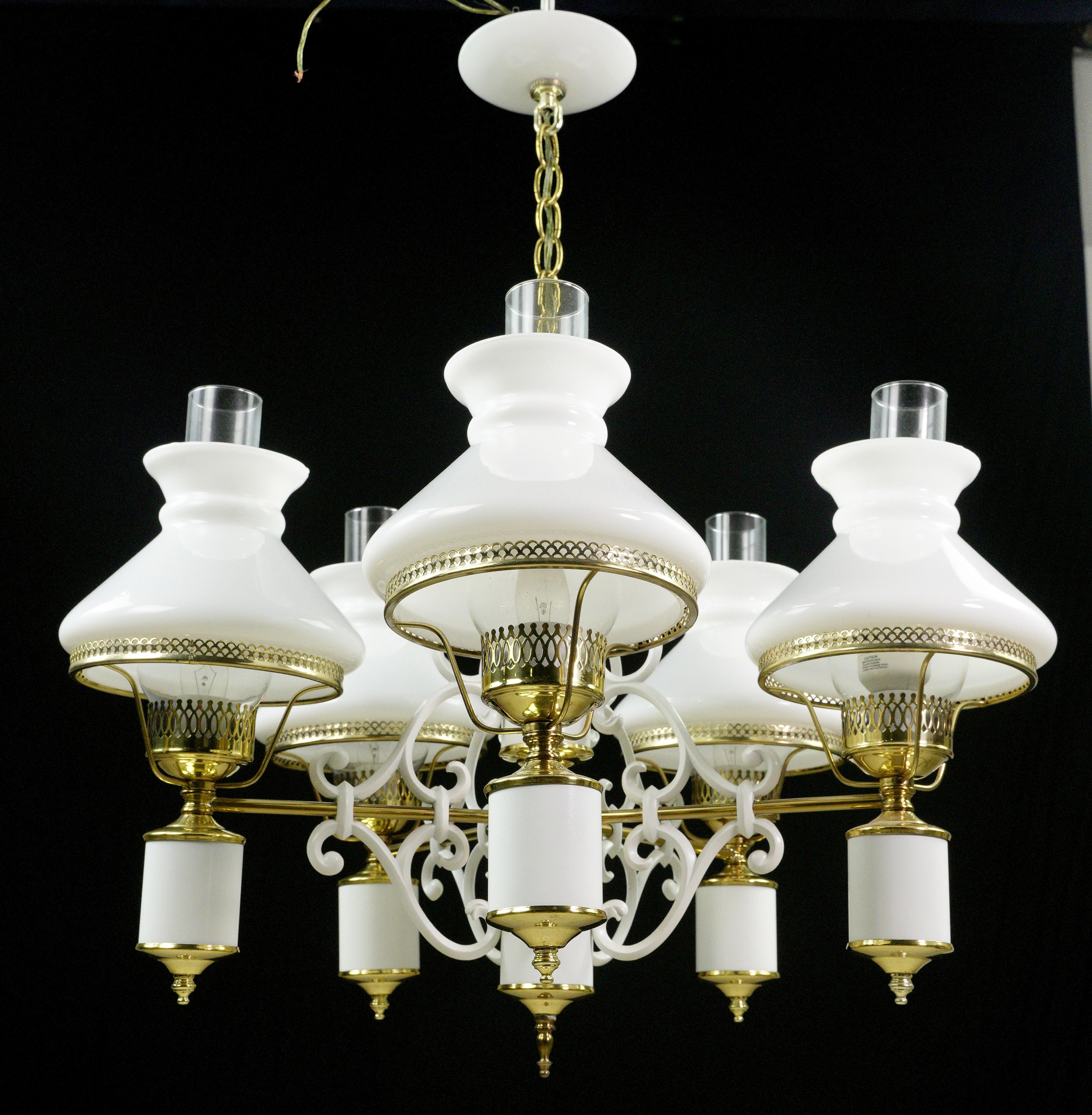 5 Arm White Glass Shades Steel Aluminum Chandelier For Sale 4