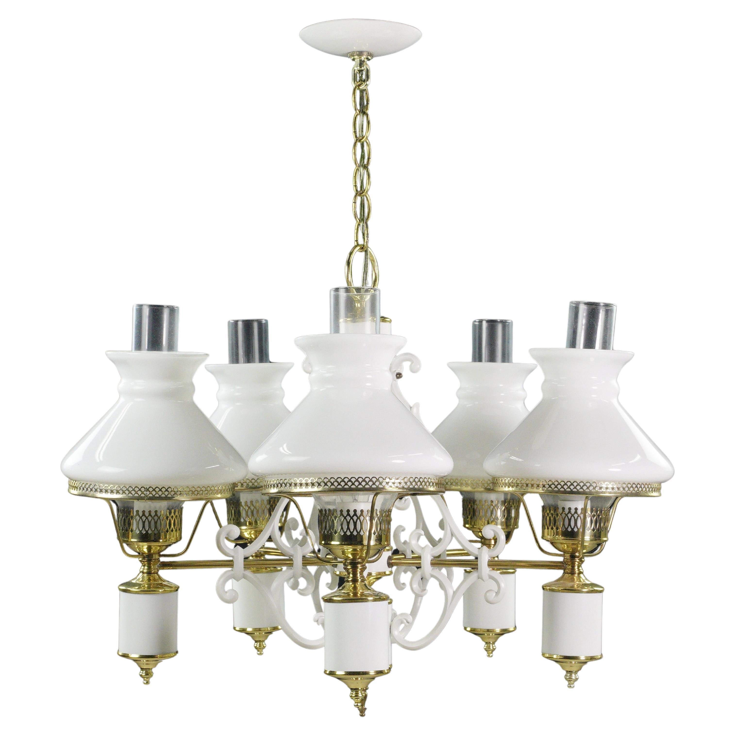 5 Arm White Glass Shades Steel Aluminum Chandelier For Sale