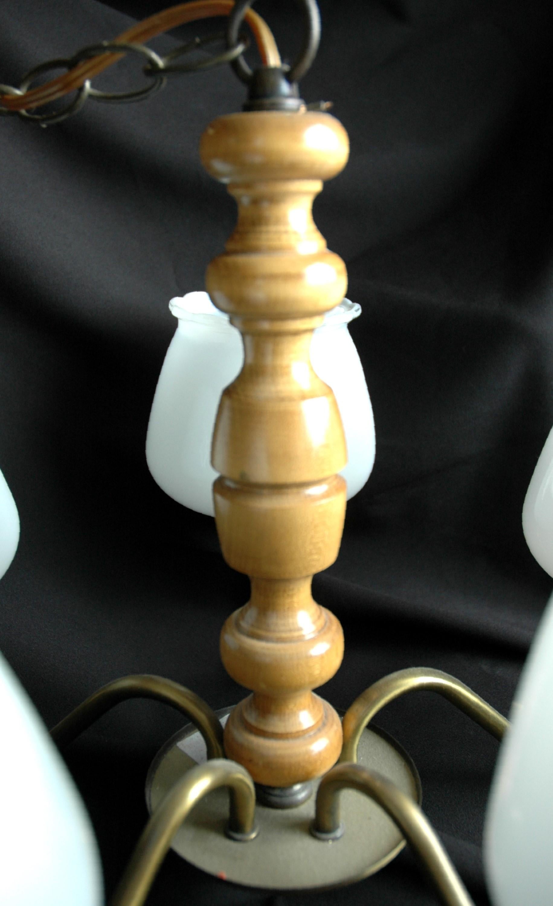 Brass 5 Arm Wood Chandelier Floral Glass Shades Qty Available For Sale