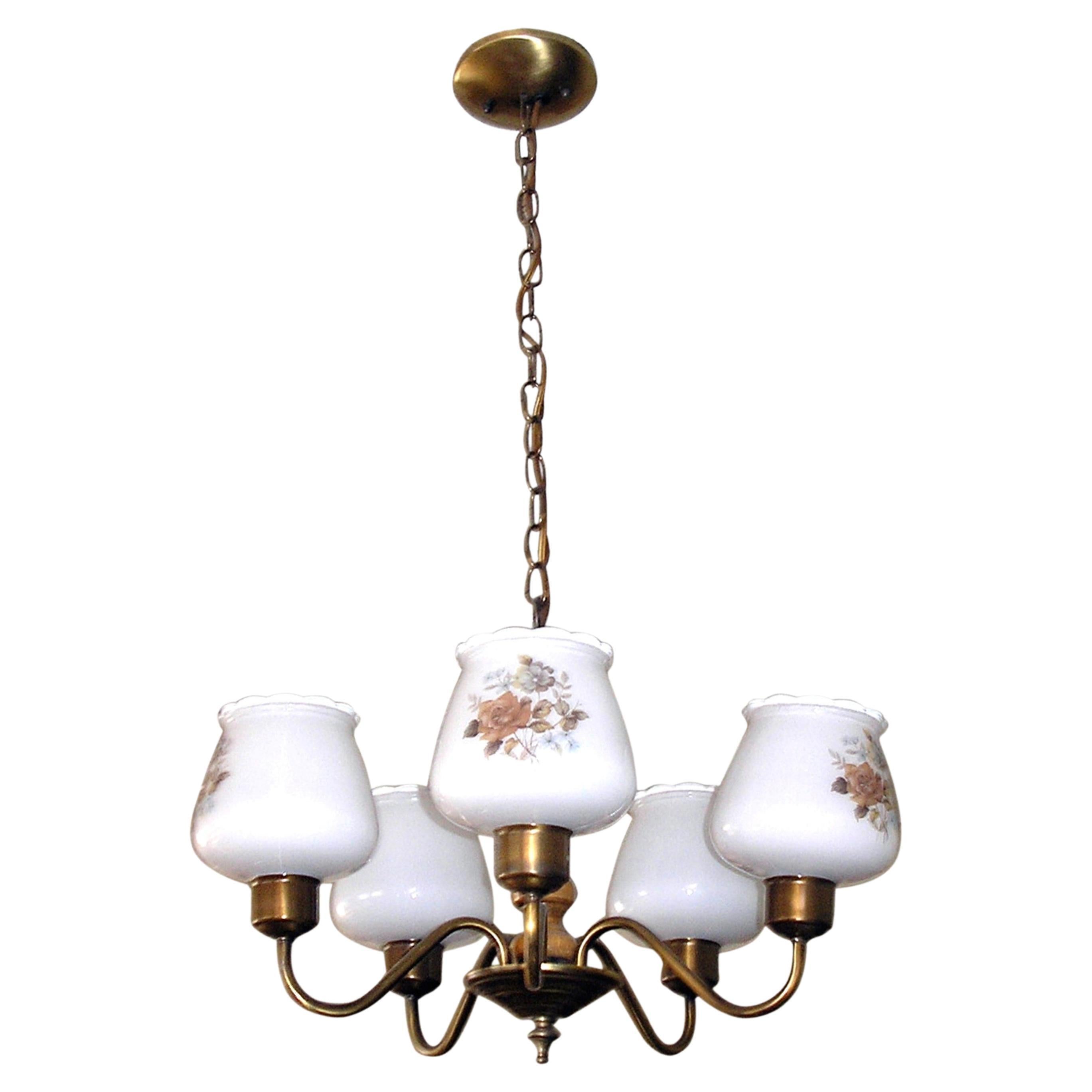 5 Arm Wood Chandelier Floral Glass Shades Qty Available For Sale