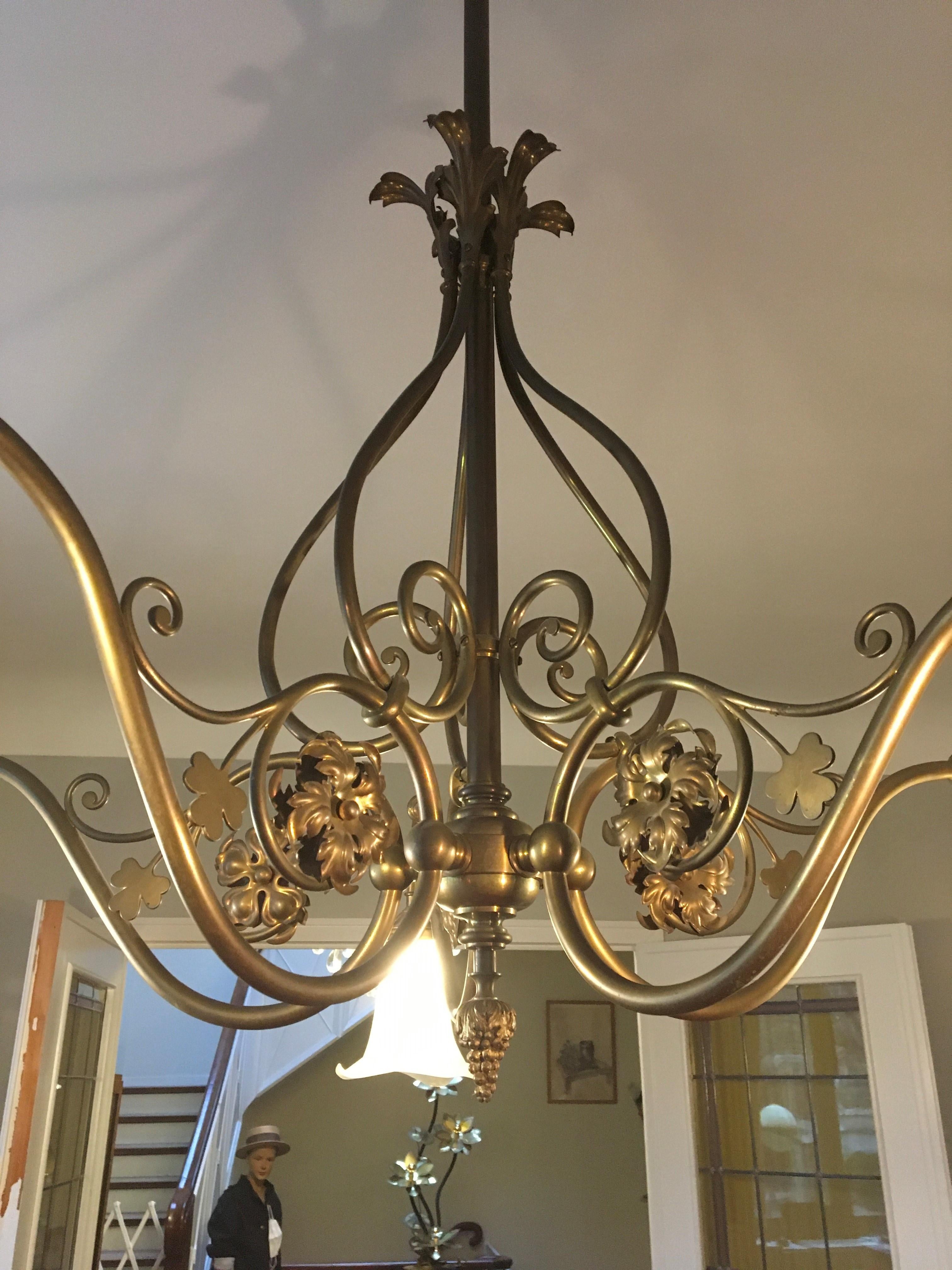 5-armed Art Nouveau Chandelier with Tulip Flowers and Leaves For Sale 5