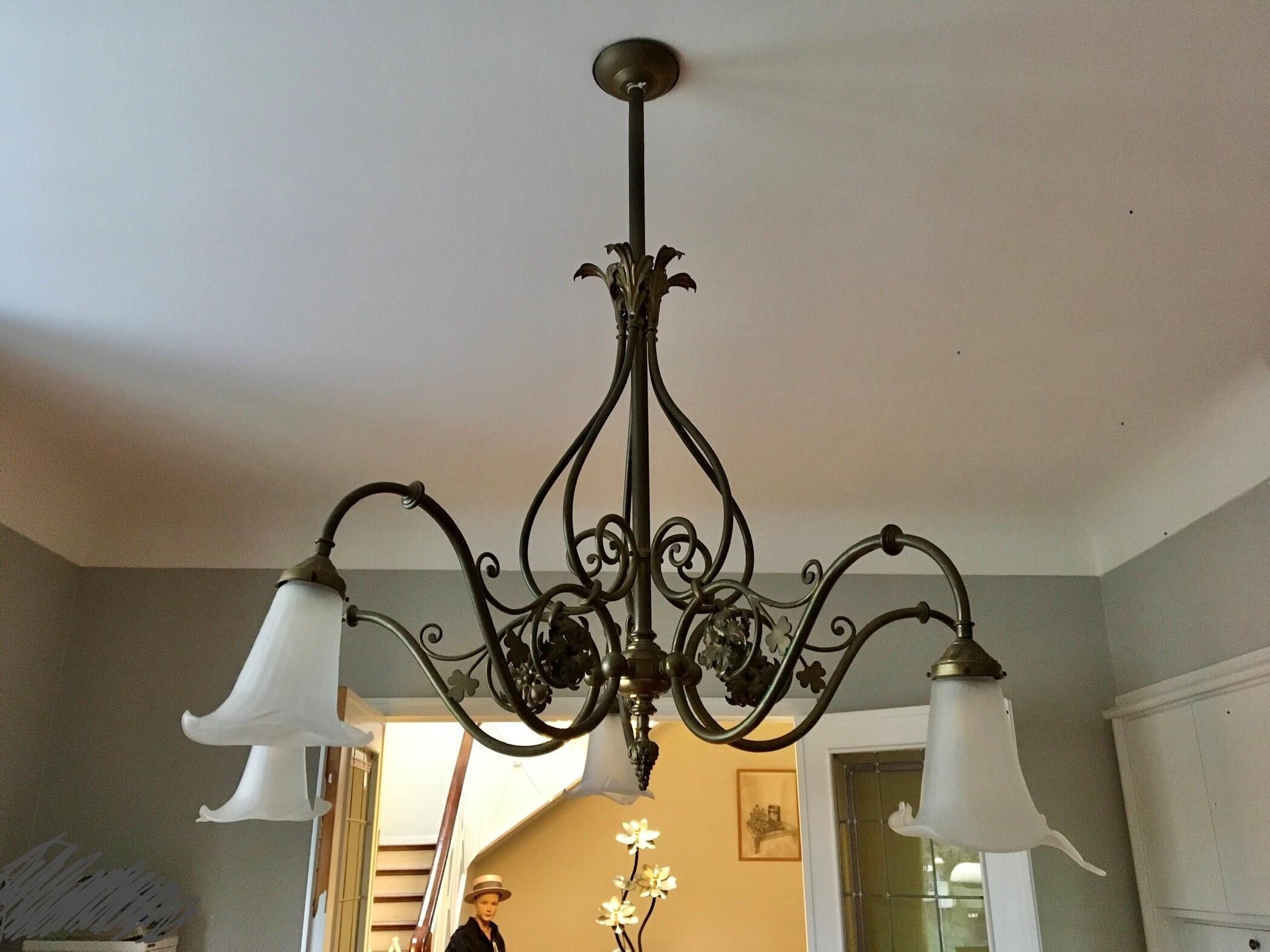 5-armed Art Nouveau Chandelier with Tulip Flowers and Leaves For Sale 12