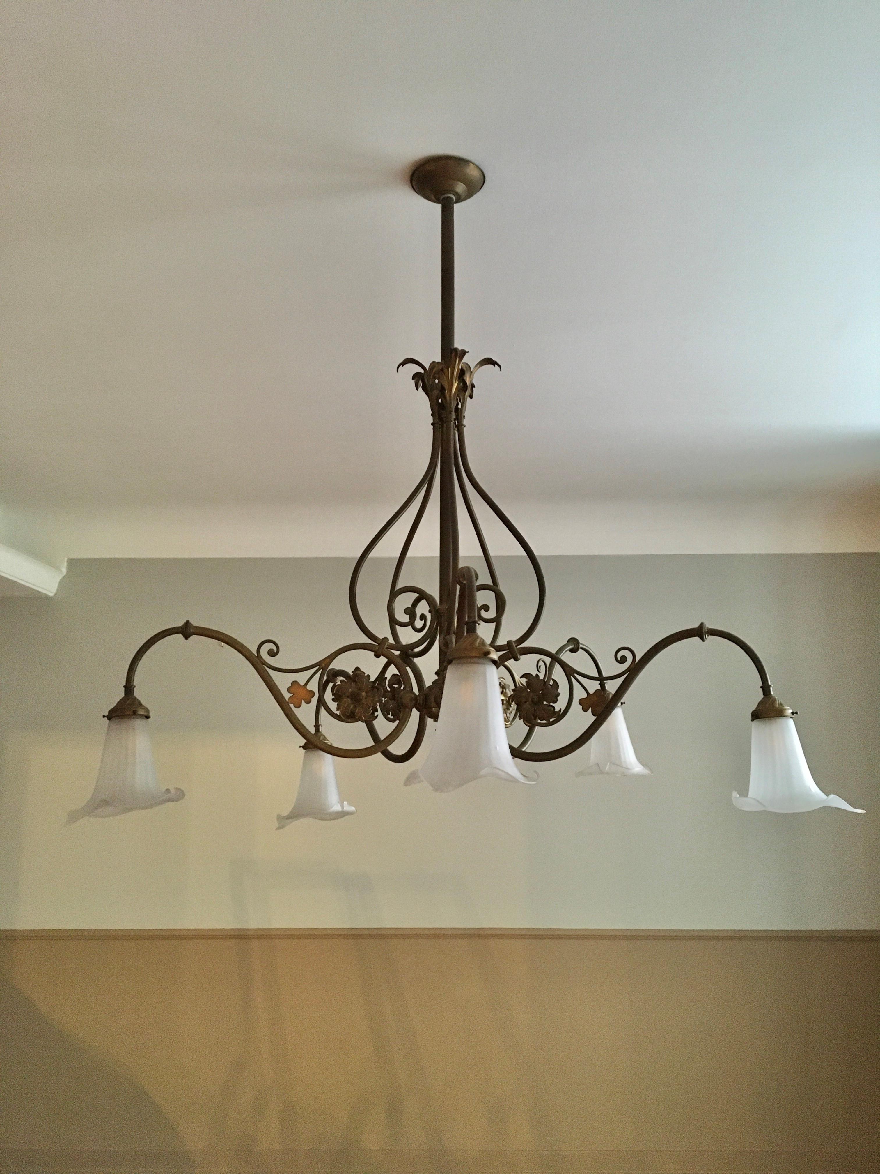 5-armed Art Nouveau Chandelier with Tulip Flowers and Leaves 13