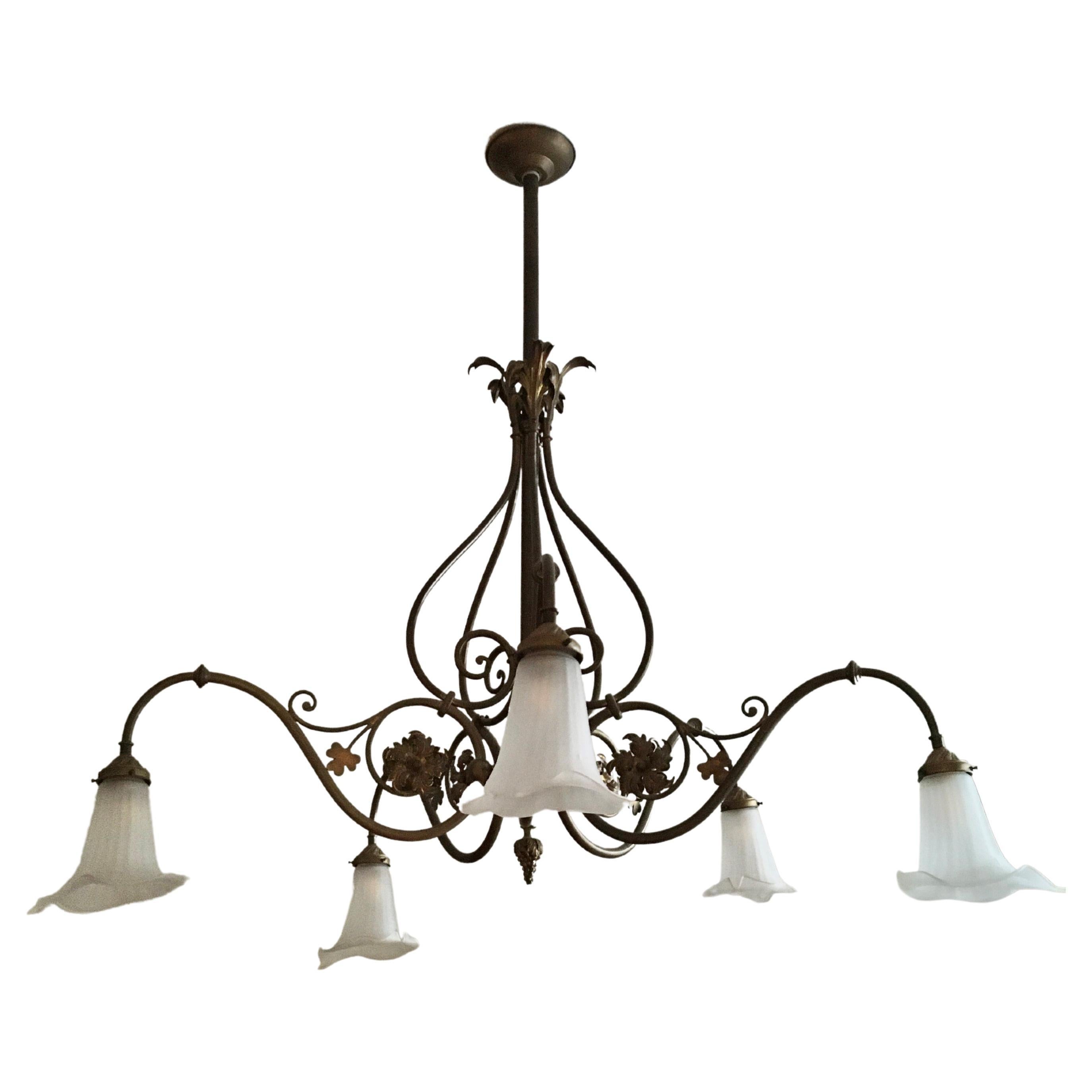 5-armed Art Nouveau Chandelier with Tulip Flowers and Leaves For Sale