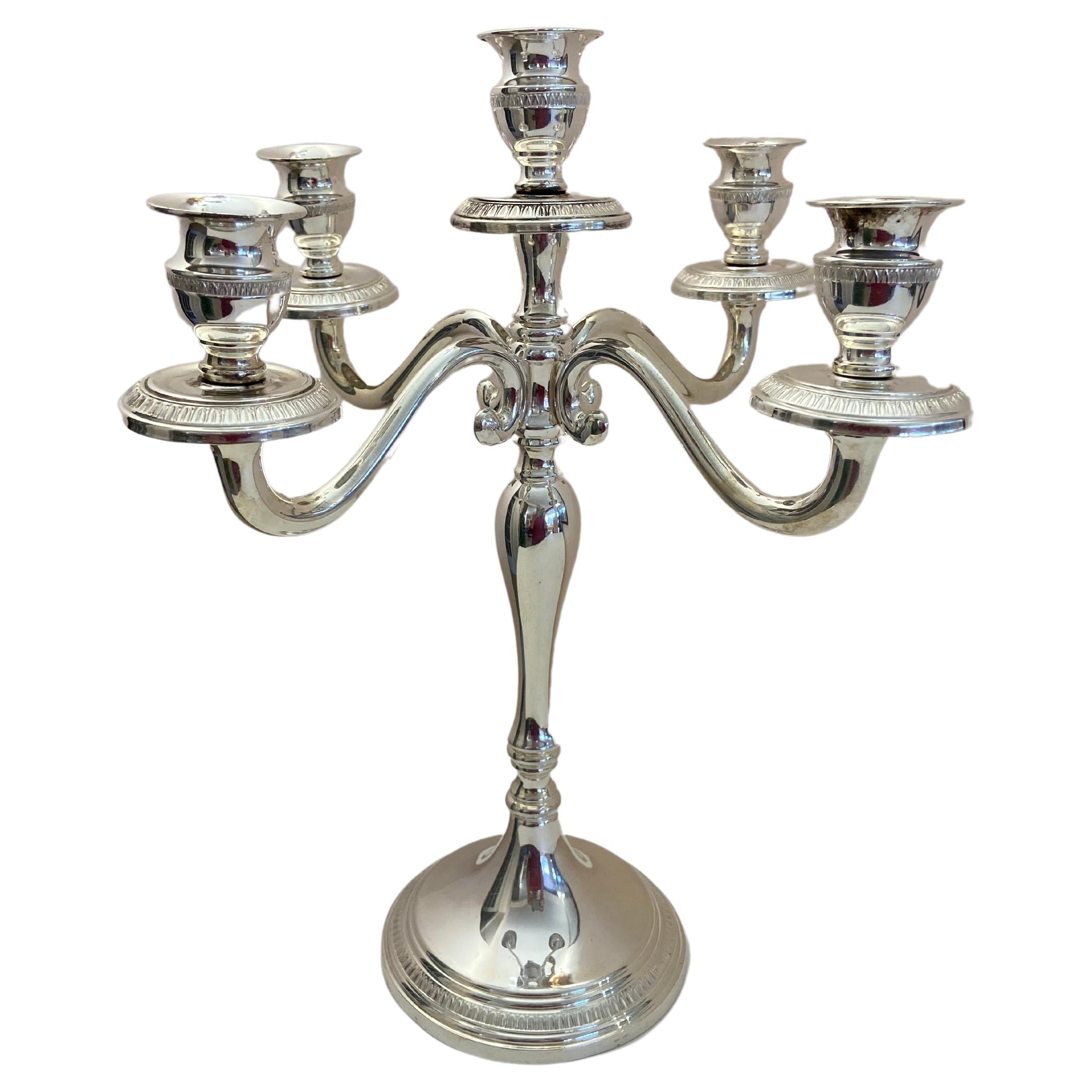 5 Armed Candelabra, 800 Silver, Empire Style, 625 Grams For Sale