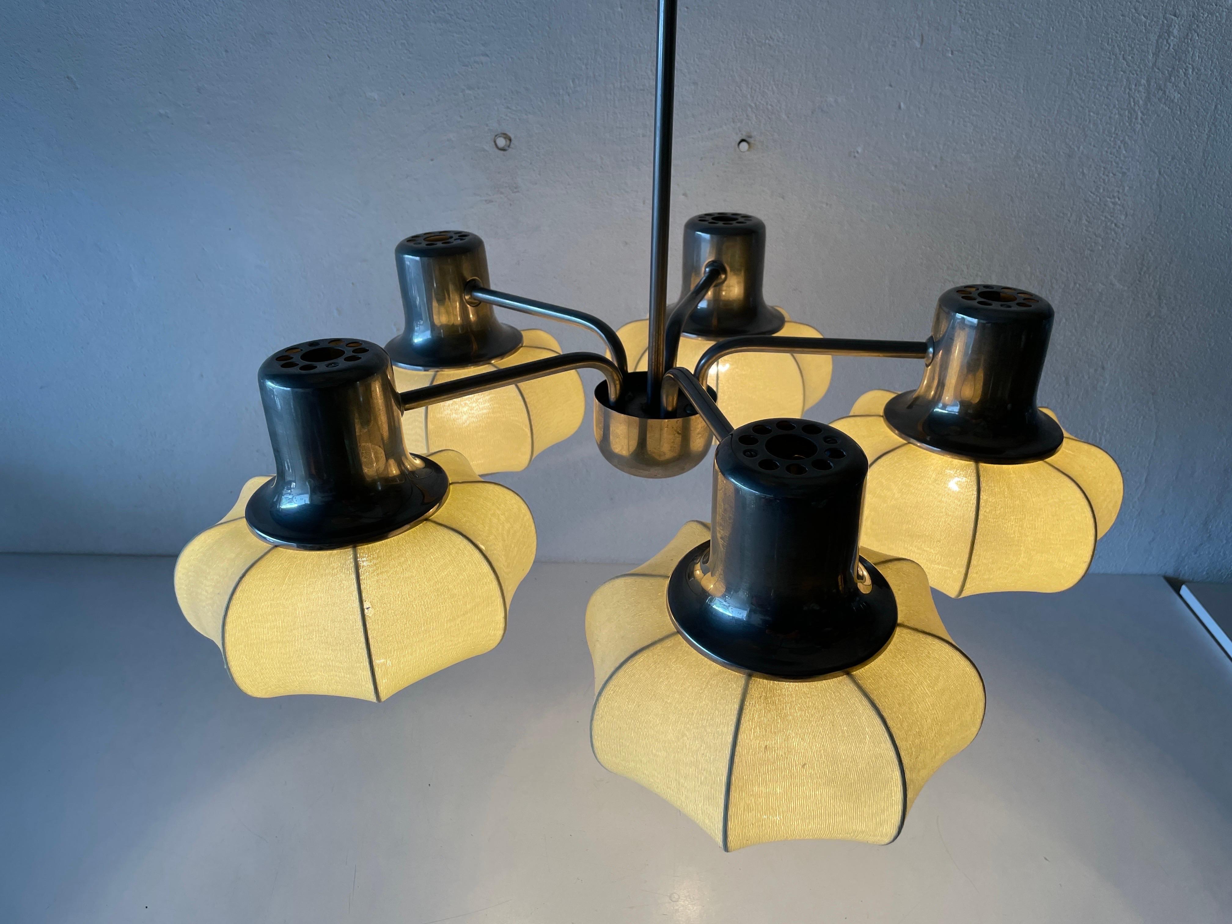 5-armed Metallic Chandelier with Fabric Shades by VEB Leuchten, 1950s, Germany For Sale 5