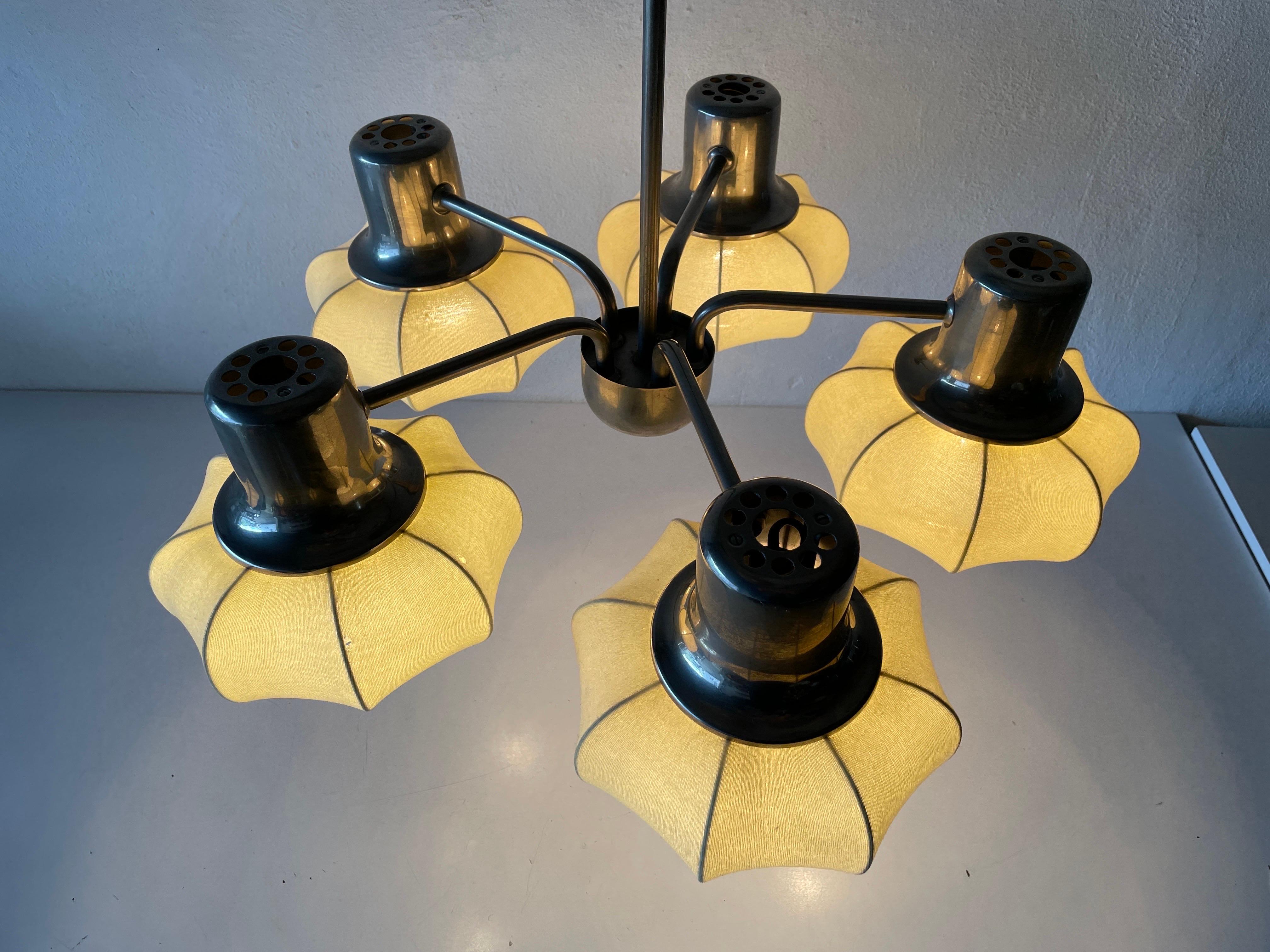 5-armed Metallic Chandelier with Fabric Shades by VEB Leuchten, 1950s, Germany For Sale 6