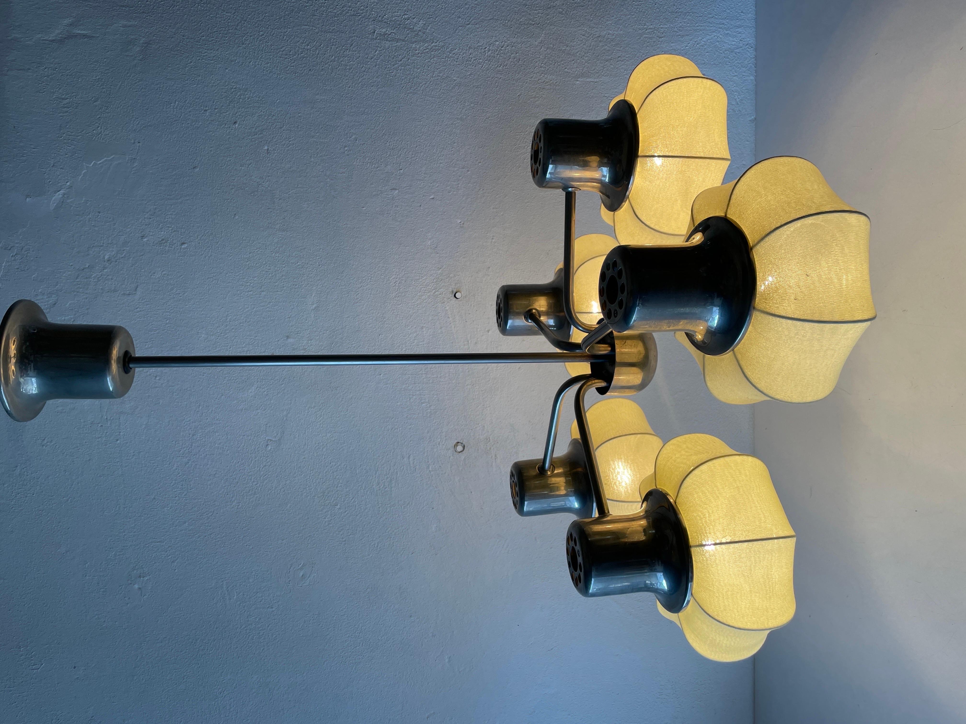 5-armed Metallic Chandelier with Fabric Shades by VEB Leuchten, 1950s, Germany For Sale 8