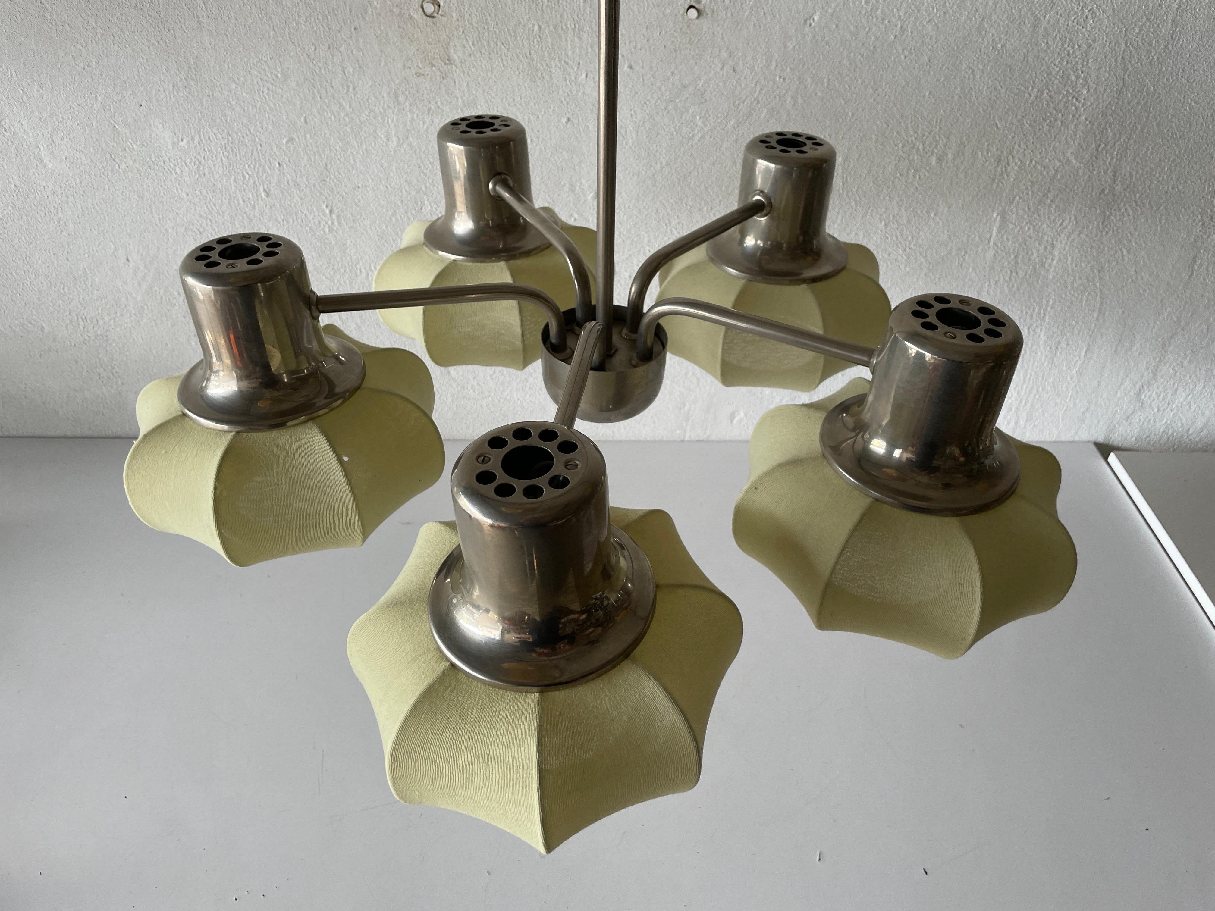 Mid-Century Modern 5-armed Metallic Chandelier with Fabric Shades by VEB Leuchten, 1950s, Germany For Sale