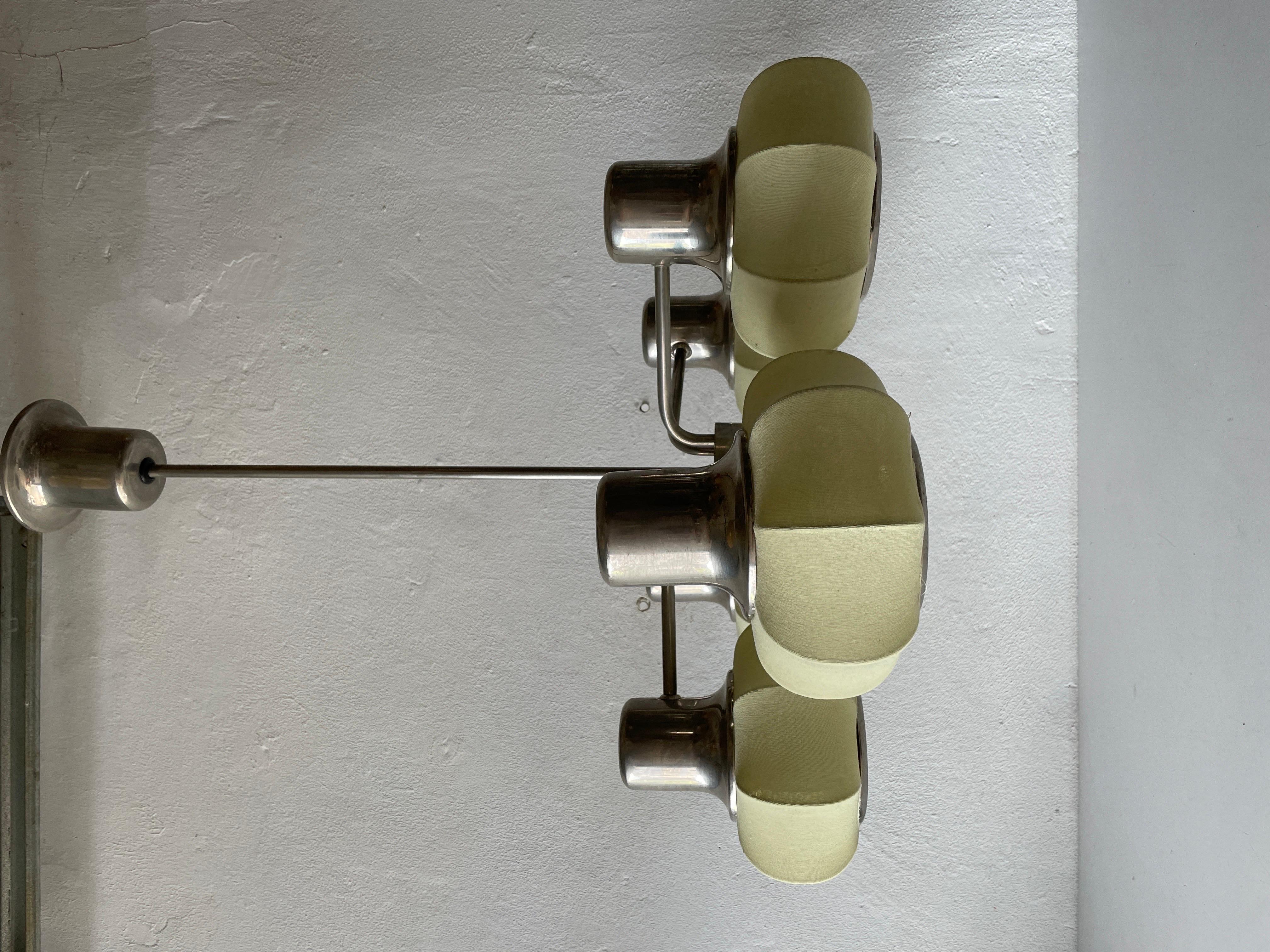 5-armed Metallic Chandelier with Fabric Shades by VEB Leuchten, 1950s, Germany In Excellent Condition For Sale In Hagenbach, DE