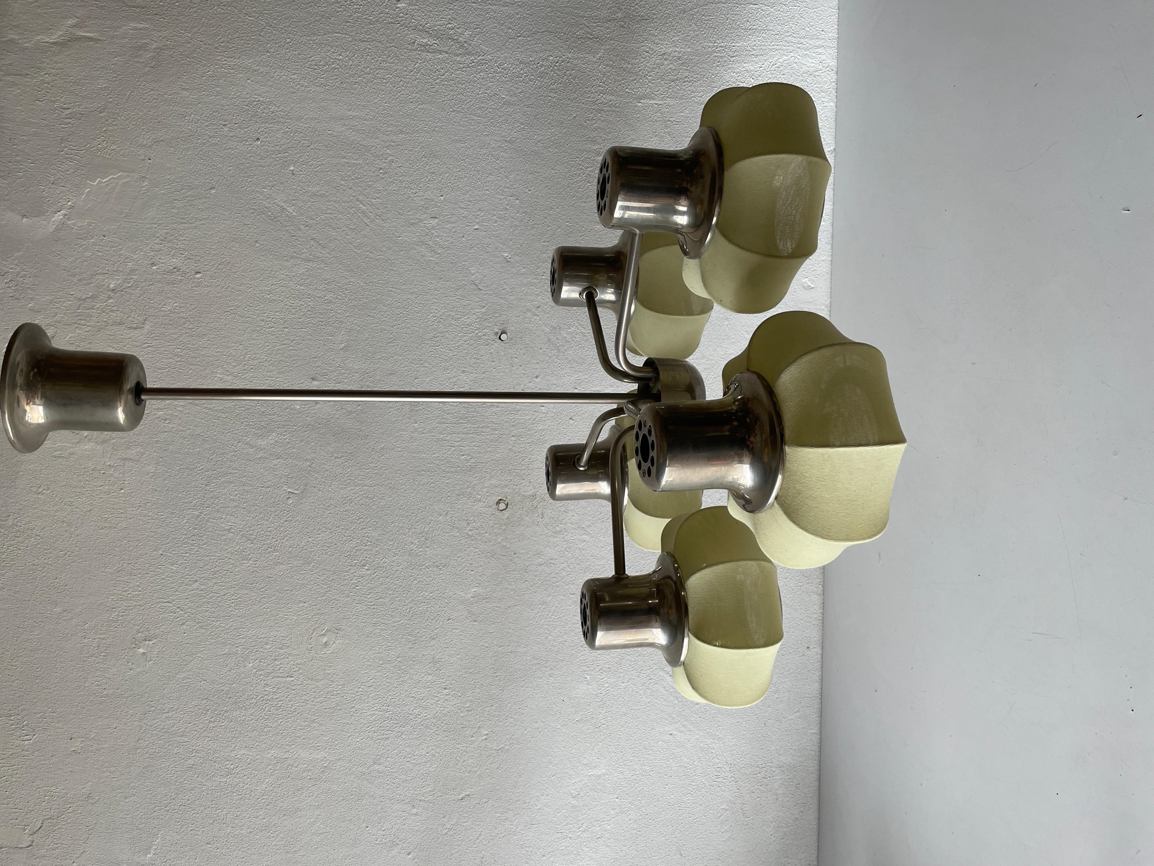 Mid-20th Century 5-armed Metallic Chandelier with Fabric Shades by VEB Leuchten, 1950s, Germany For Sale