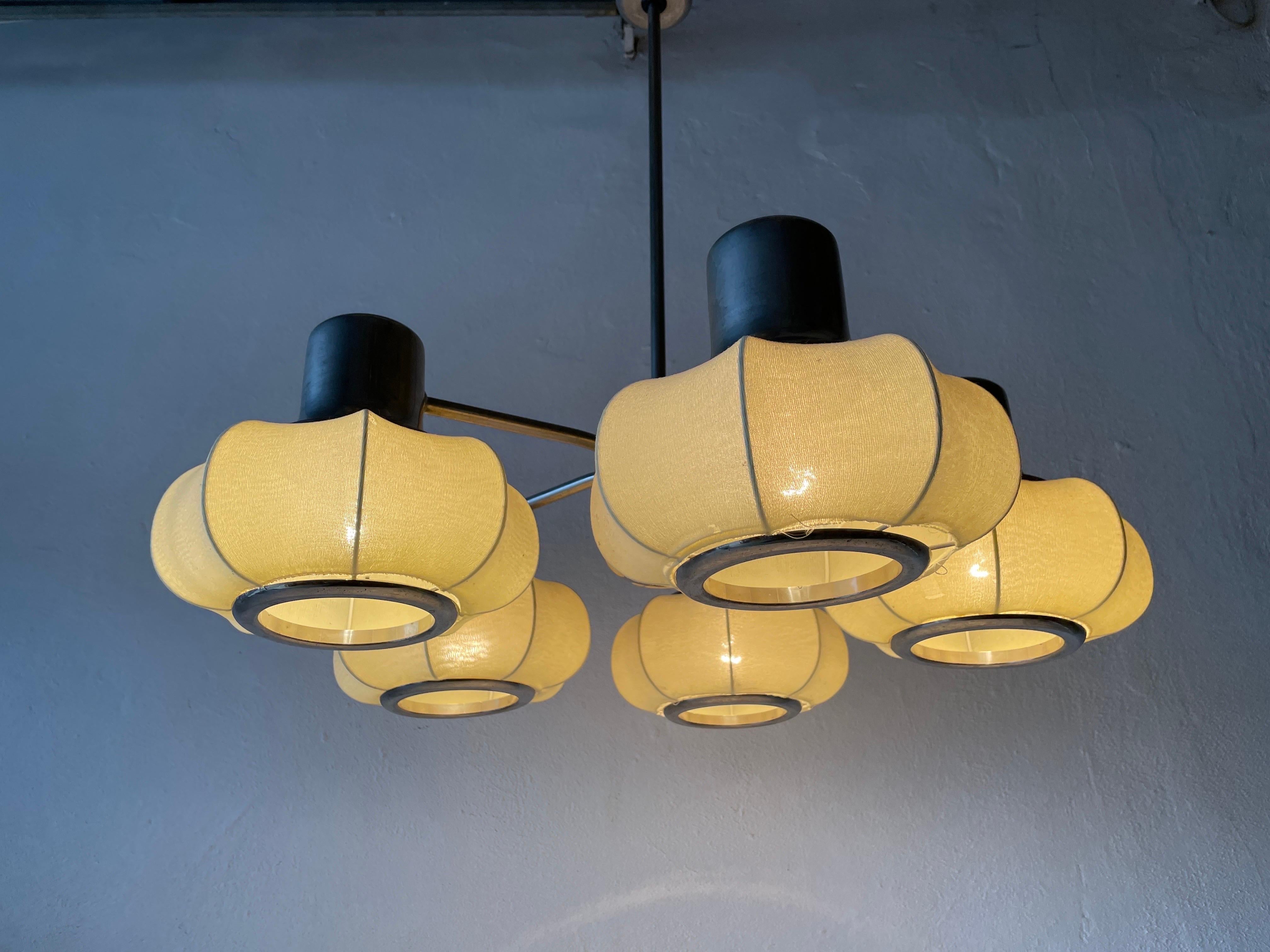 5-armed Metallic Chandelier with Fabric Shades by VEB Leuchten, 1950s, Germany For Sale 4