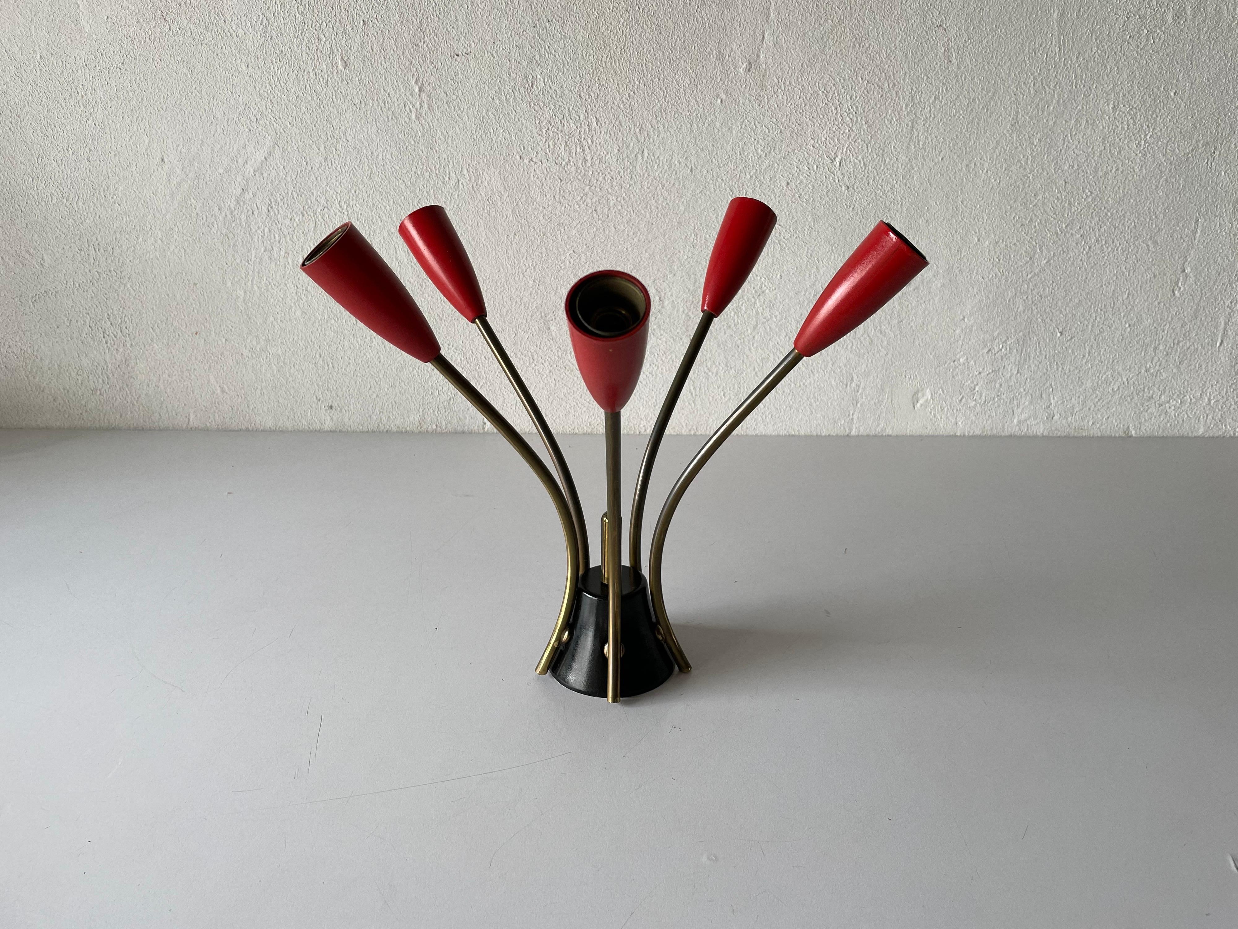 5 armed red and black metal sputnik flush mount ceiling light, 1950s, Germany

Lampshade is in very good vintage condition.

This lamp works with 5 x E14 light bulbs. 
Wired and suitable to use with 220V and 110V for all