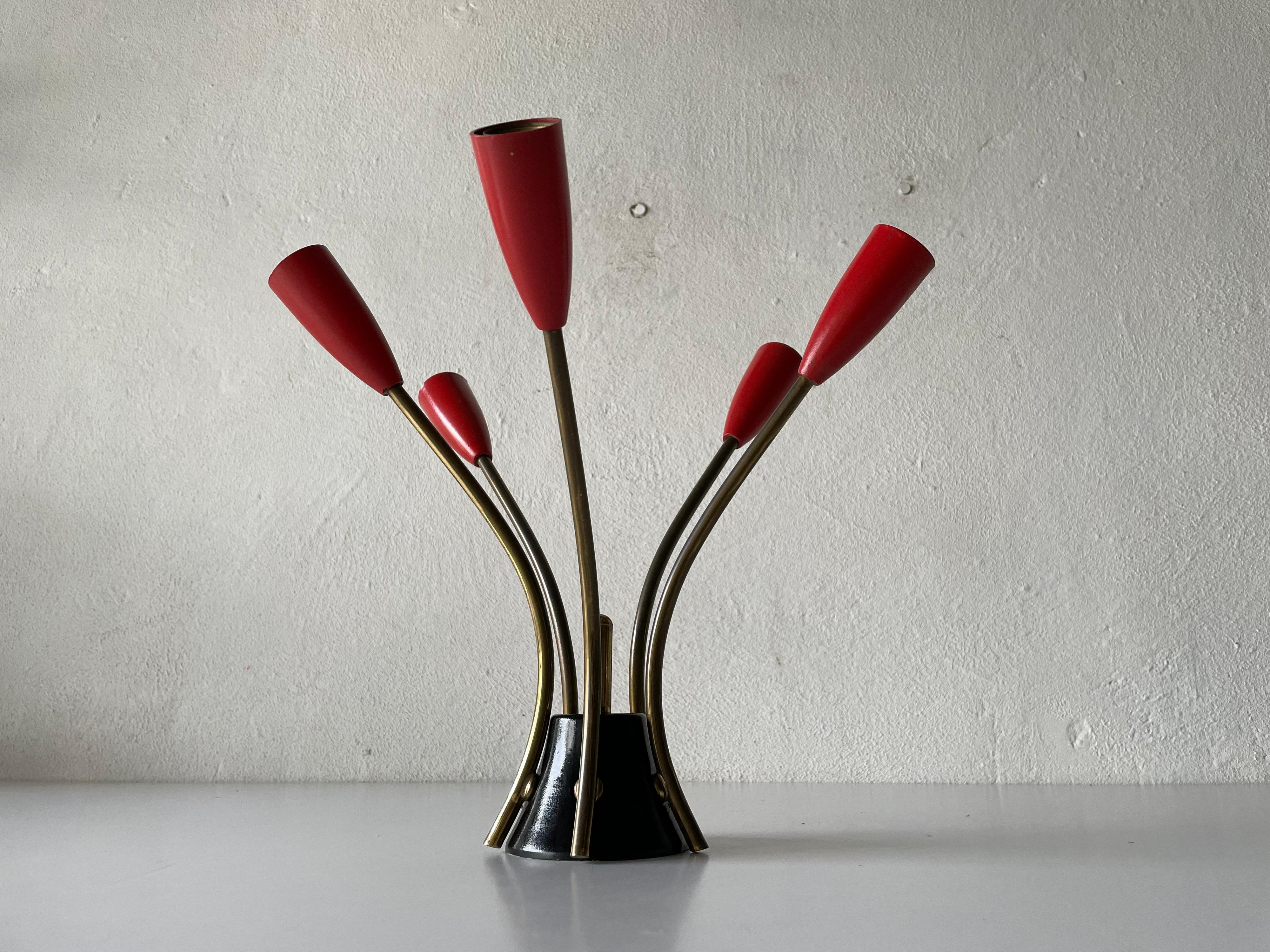 5 Armed Red and Black Metal Sputnik Flush Mount Ceiling Light, 1950s, Germany In Good Condition In Hagenbach, DE
