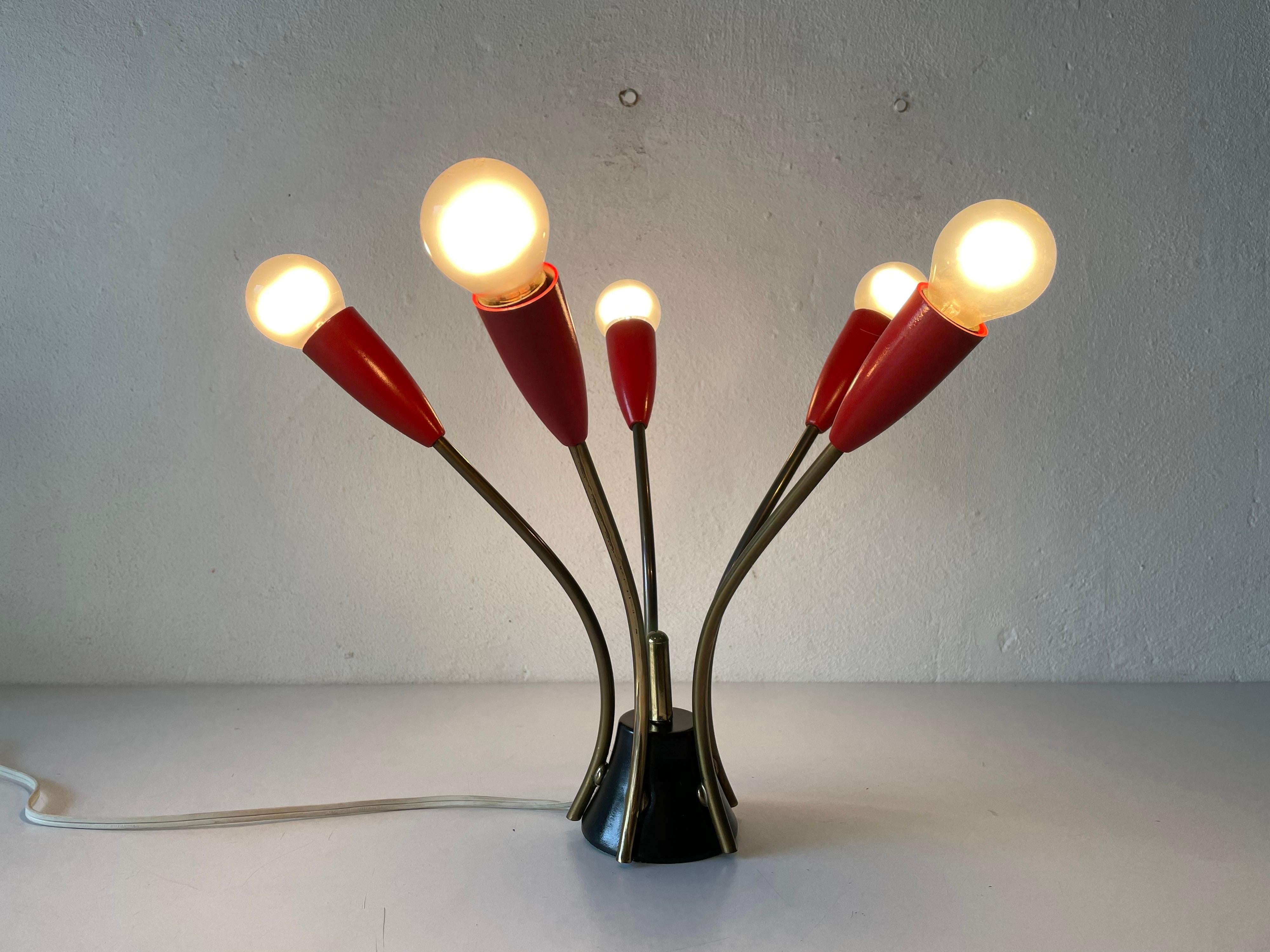 5 Armed Red and Black Metal Sputnik Flush Mount Ceiling Light, 1950s, Germany 3