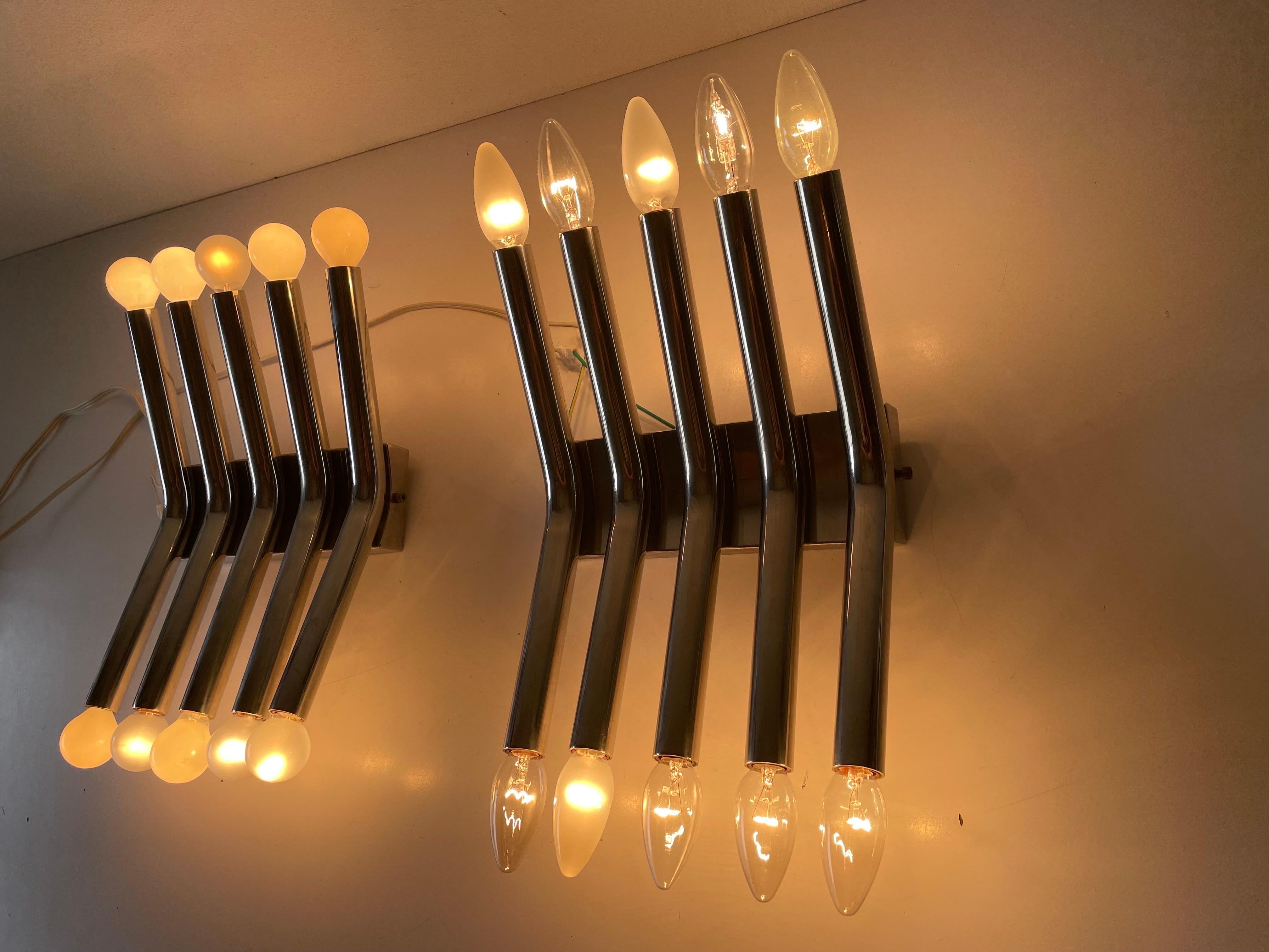 5-armed Tubes Design Pair of Chrome Italian Sconces by Reggiani, 1960s Italy For Sale 6