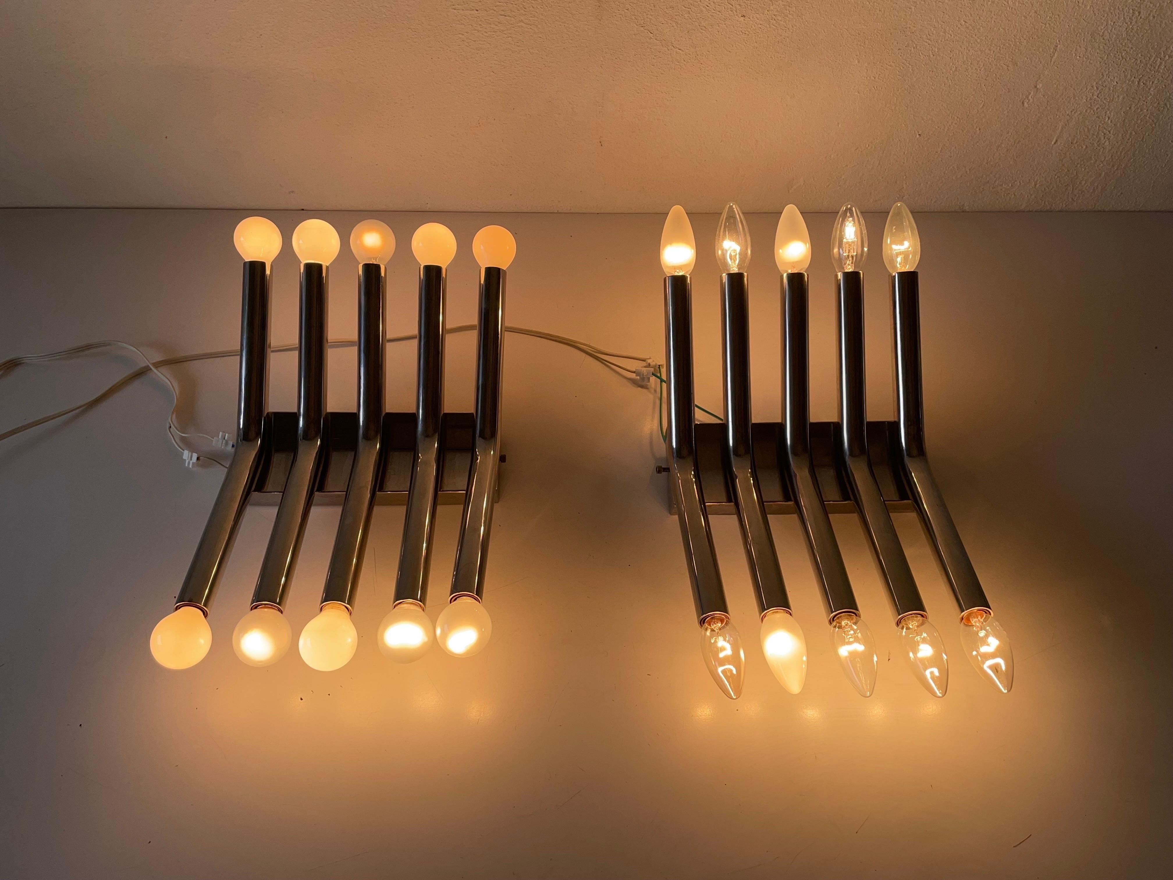 5-armed Tubes Design Pair of Chrome Italian Sconces by Reggiani, 1960s Italy For Sale 8