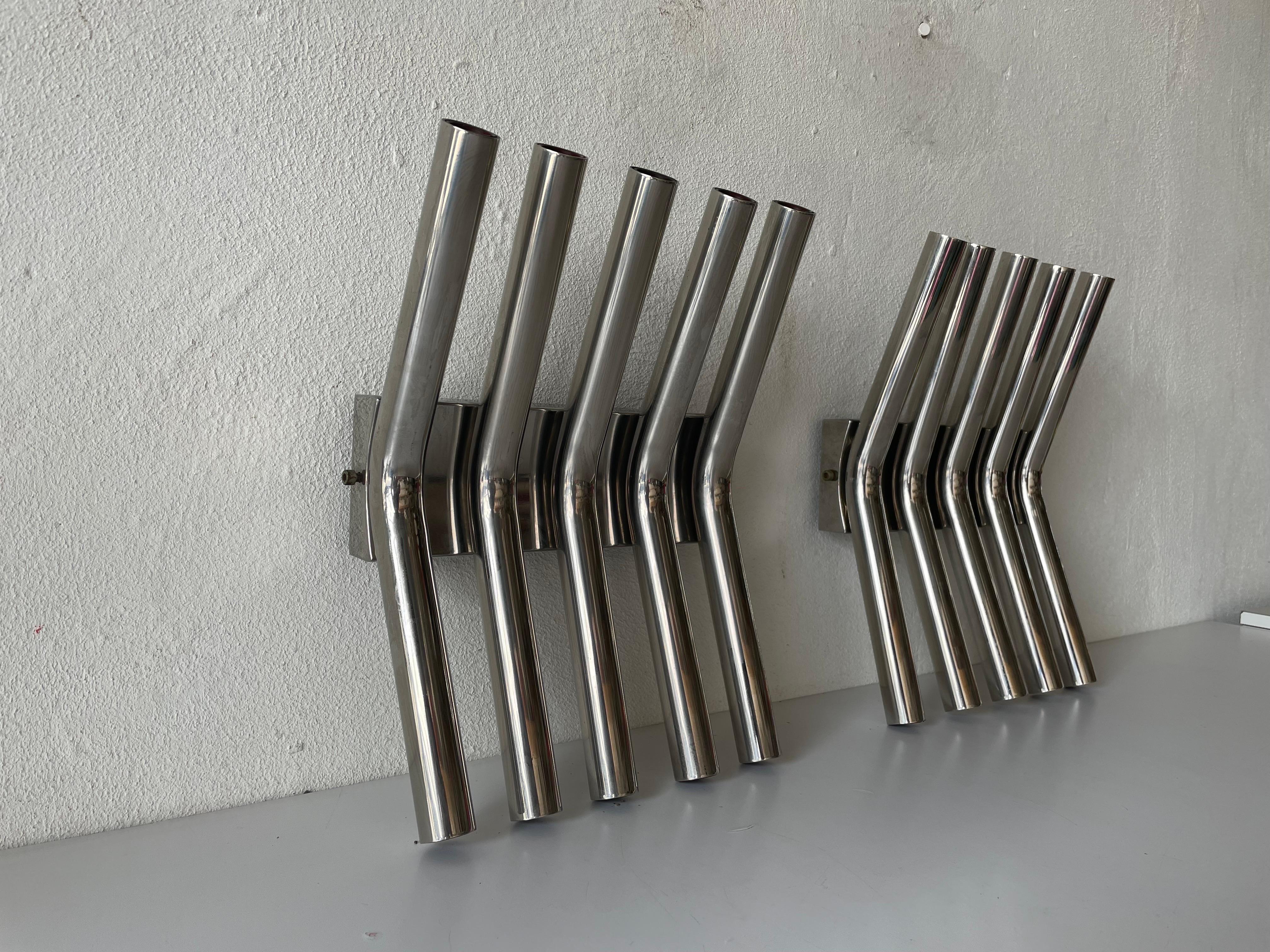 Mid-Century Modern 5-armed Tubes Design Pair of Chrome Italian Sconces by Reggiani, 1960s Italy For Sale