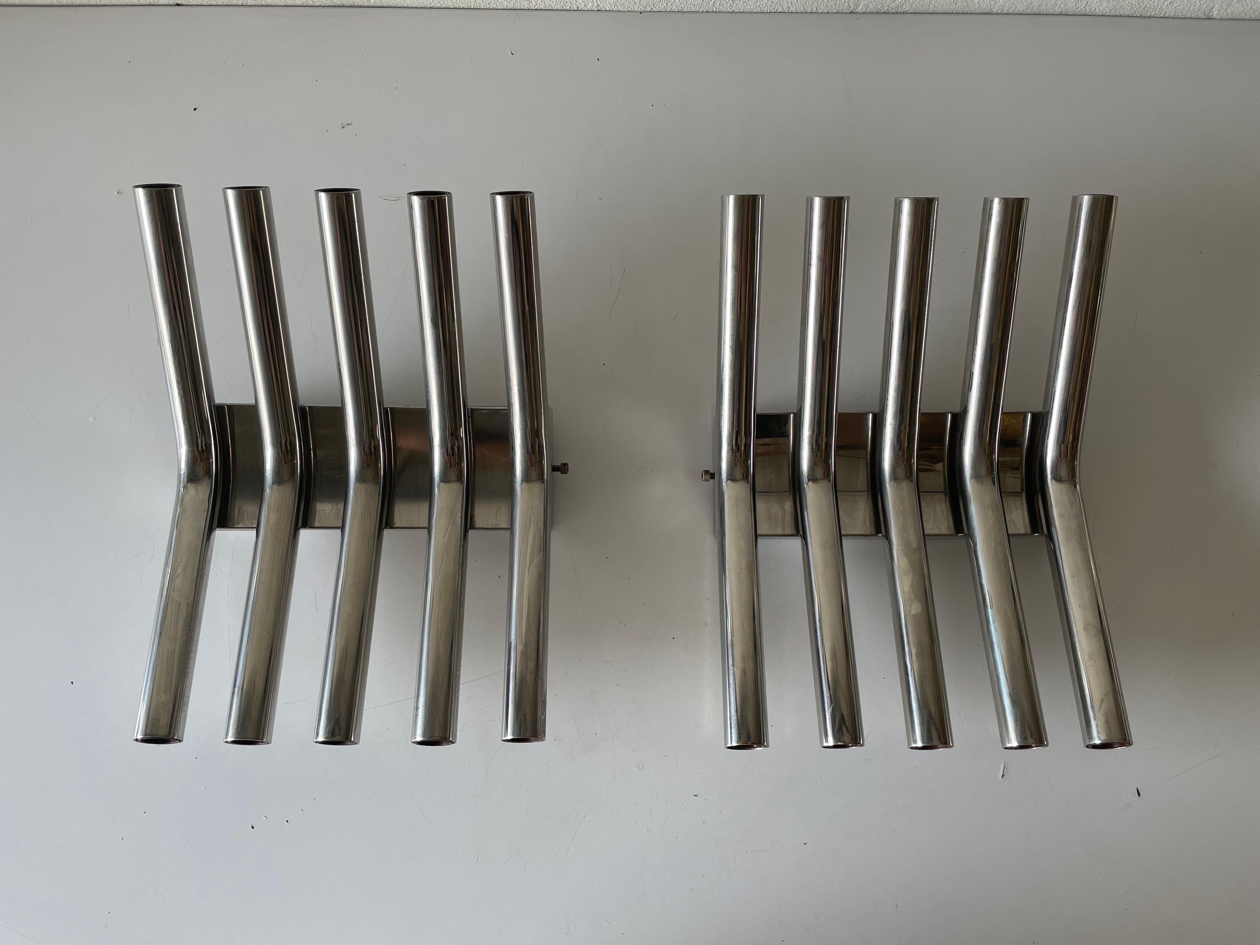 5-armed Tubes Design Pair of Chrome Italian Sconces by Reggiani, 1960s Italy In Good Condition For Sale In Hagenbach, DE