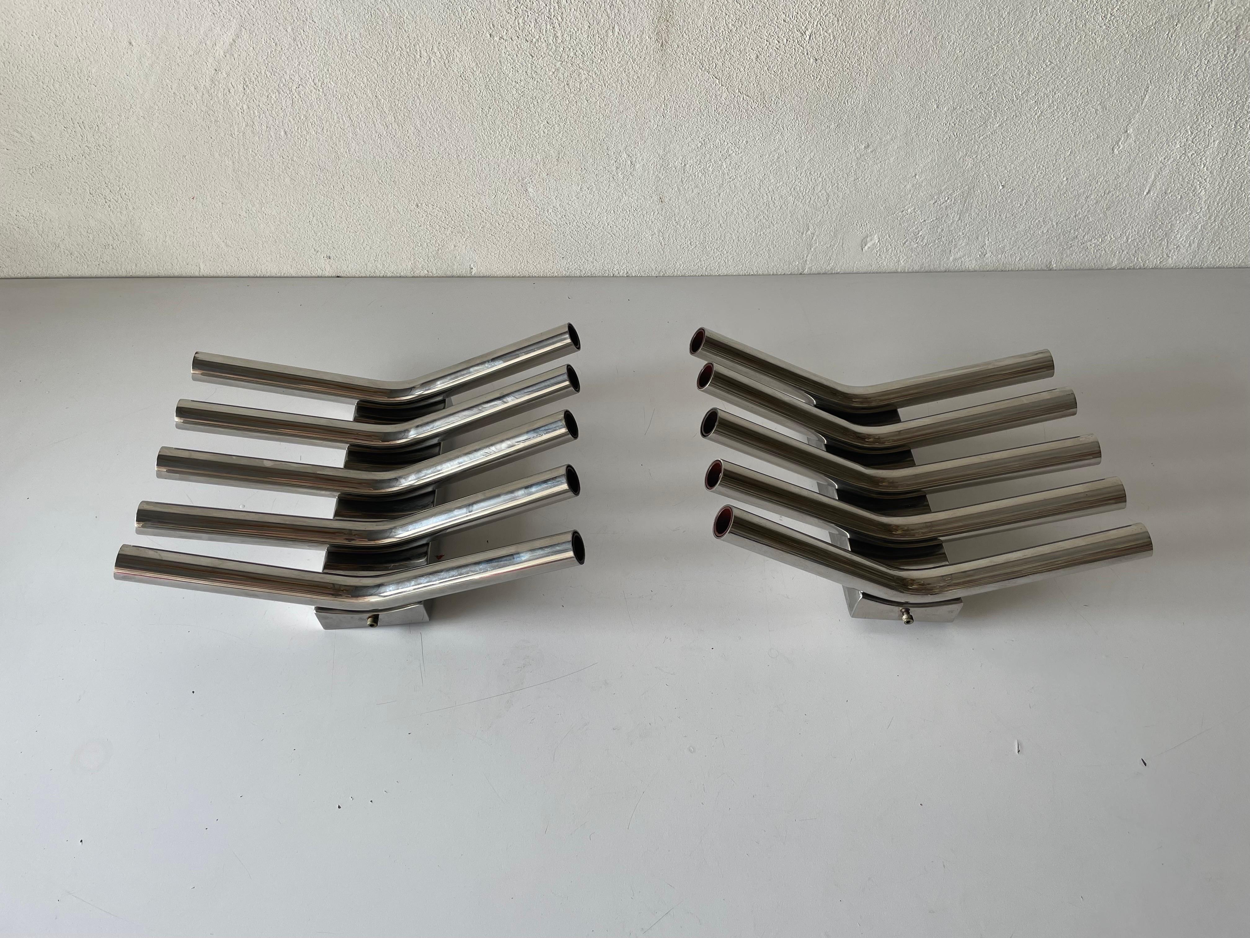 5-armed Tubes Design Pair of Chrome Italian Sconces by Reggiani, 1960s Italy For Sale 4