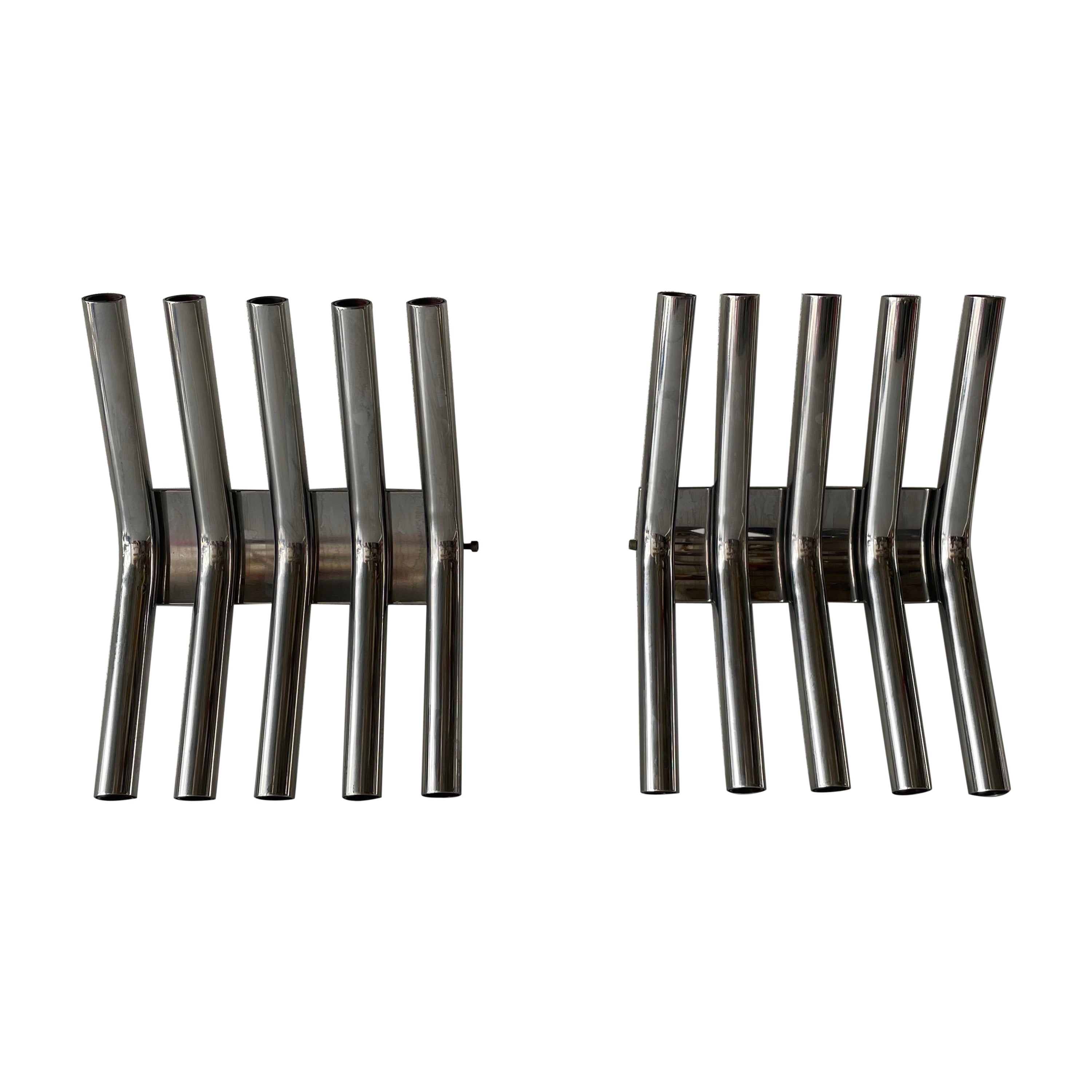 5-armed Tubes Design Pair of Chrome Italian Sconces by Reggiani, 1960s Italy