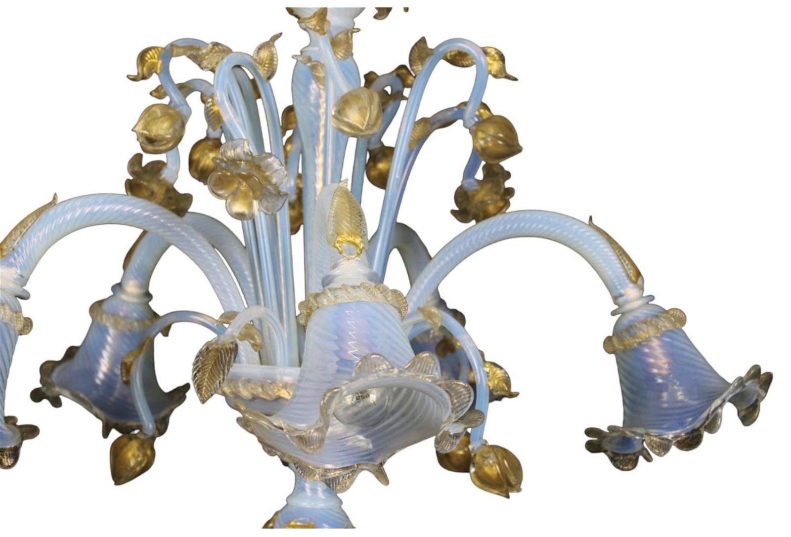 Moderne 5 ARMES CHANDELIER en verre de Murano Venise Début du 20e siècle en vente