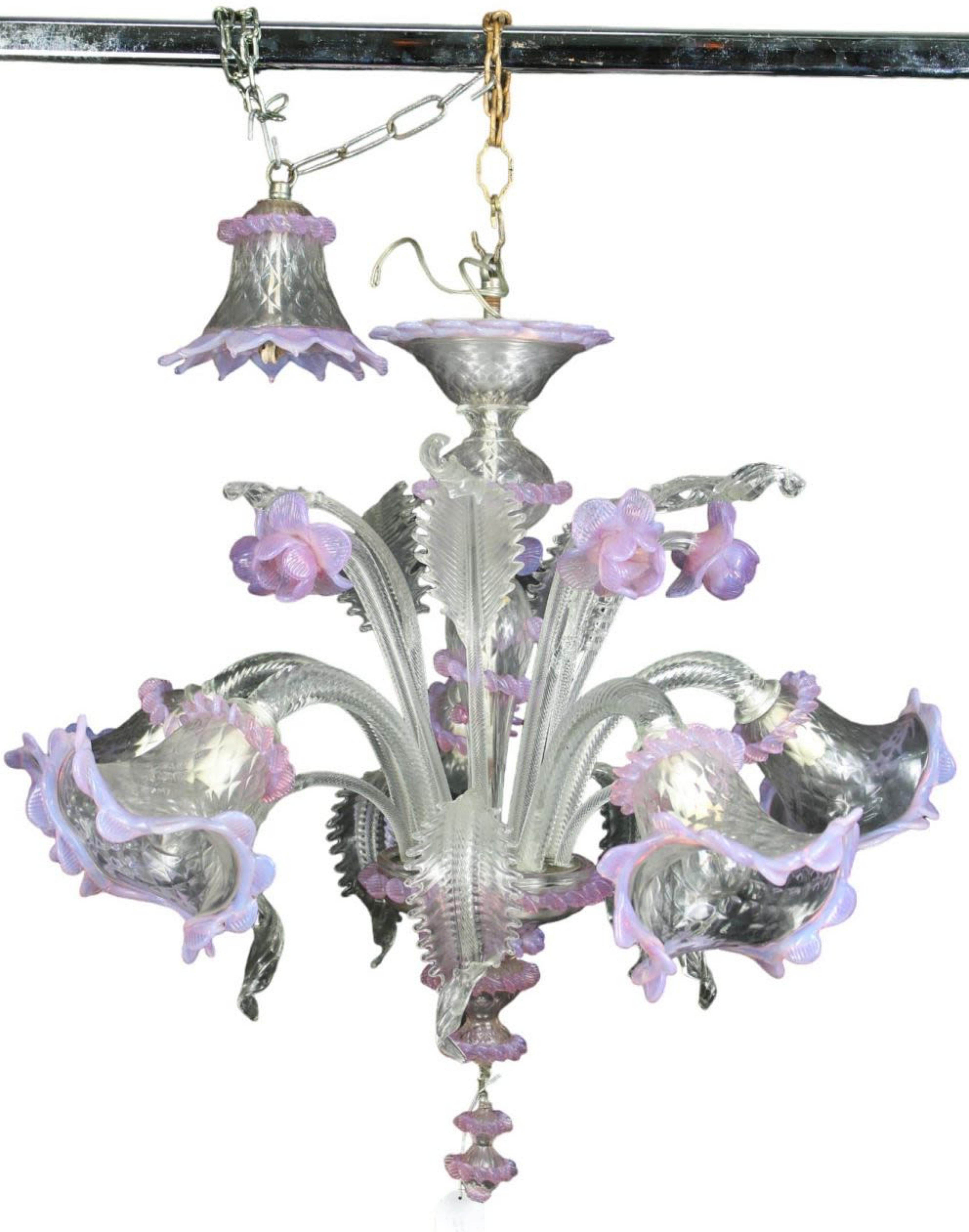 Hand-Crafted 5 ARMS CHANDELIER in Murano glass Venice Early 20th Century For Sale