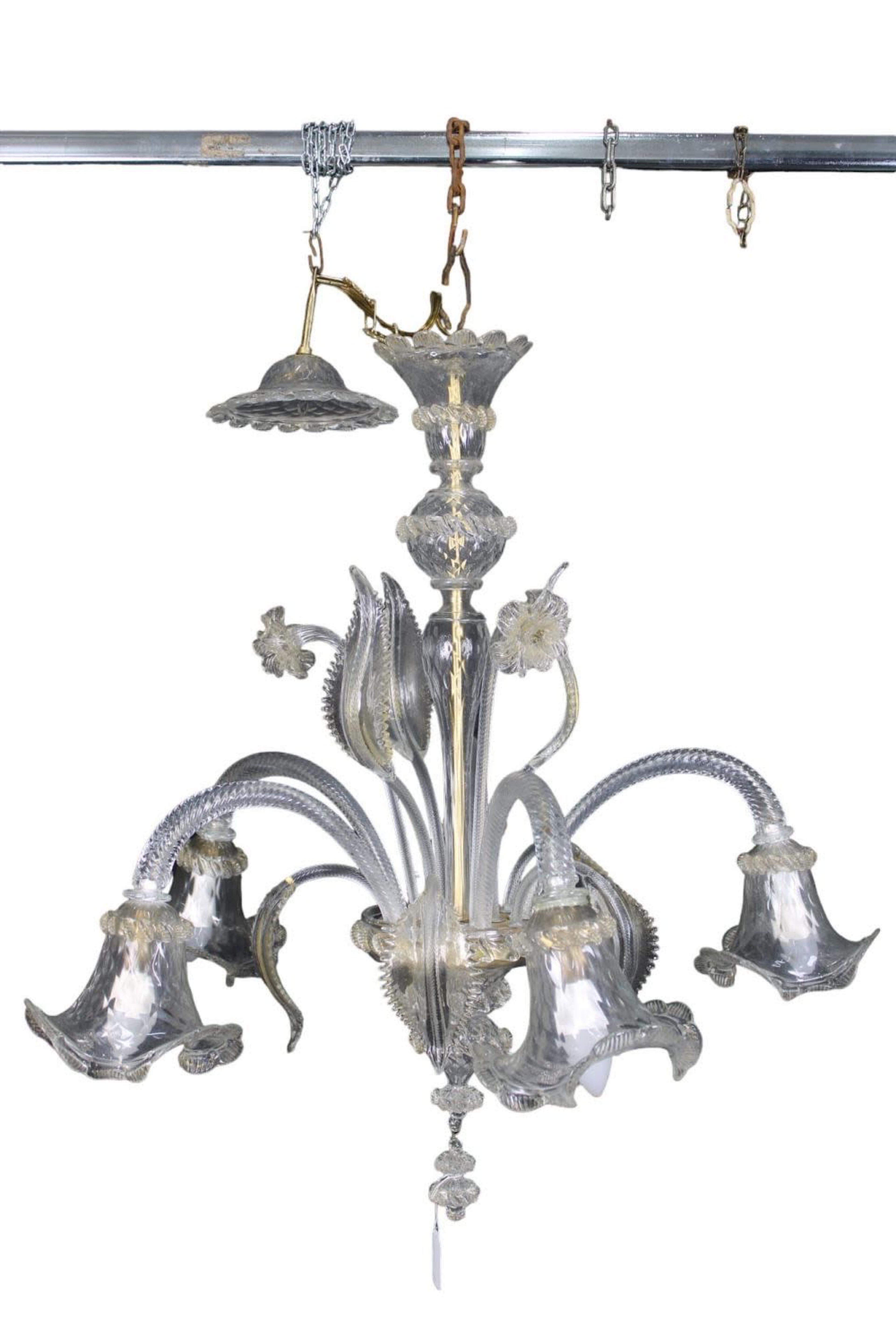 Hand-Crafted 5 ARMS CHANDELIER in Murano glass Venice Early 20th Century For Sale
