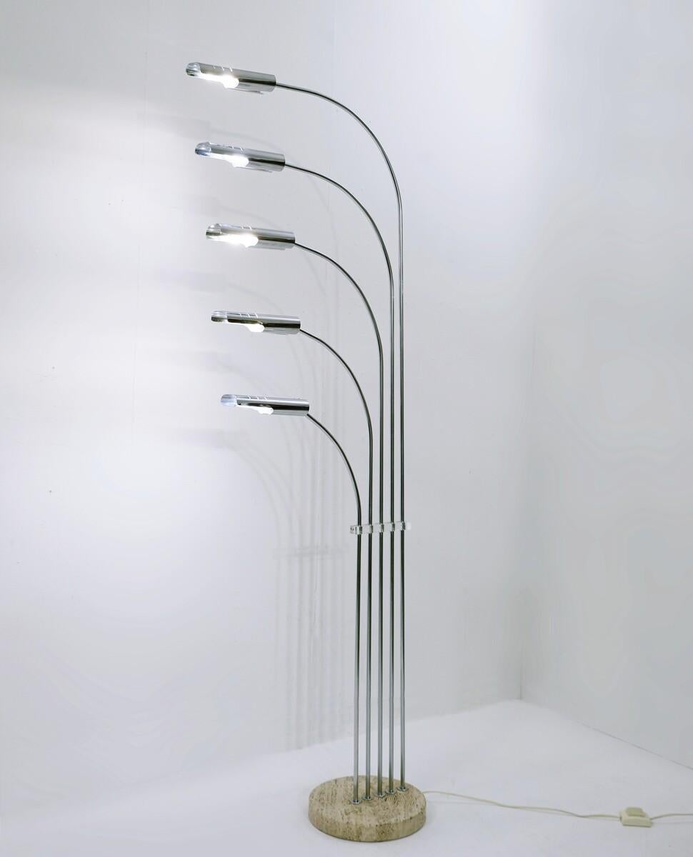 5 Arms Floor Lamp in Chrome and Travertine, Italy, 1970s For Sale 1