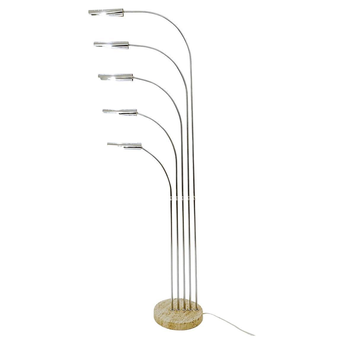 5 Arms Floor Lamp in Chrome and Travertine, Italy, 1970s For Sale