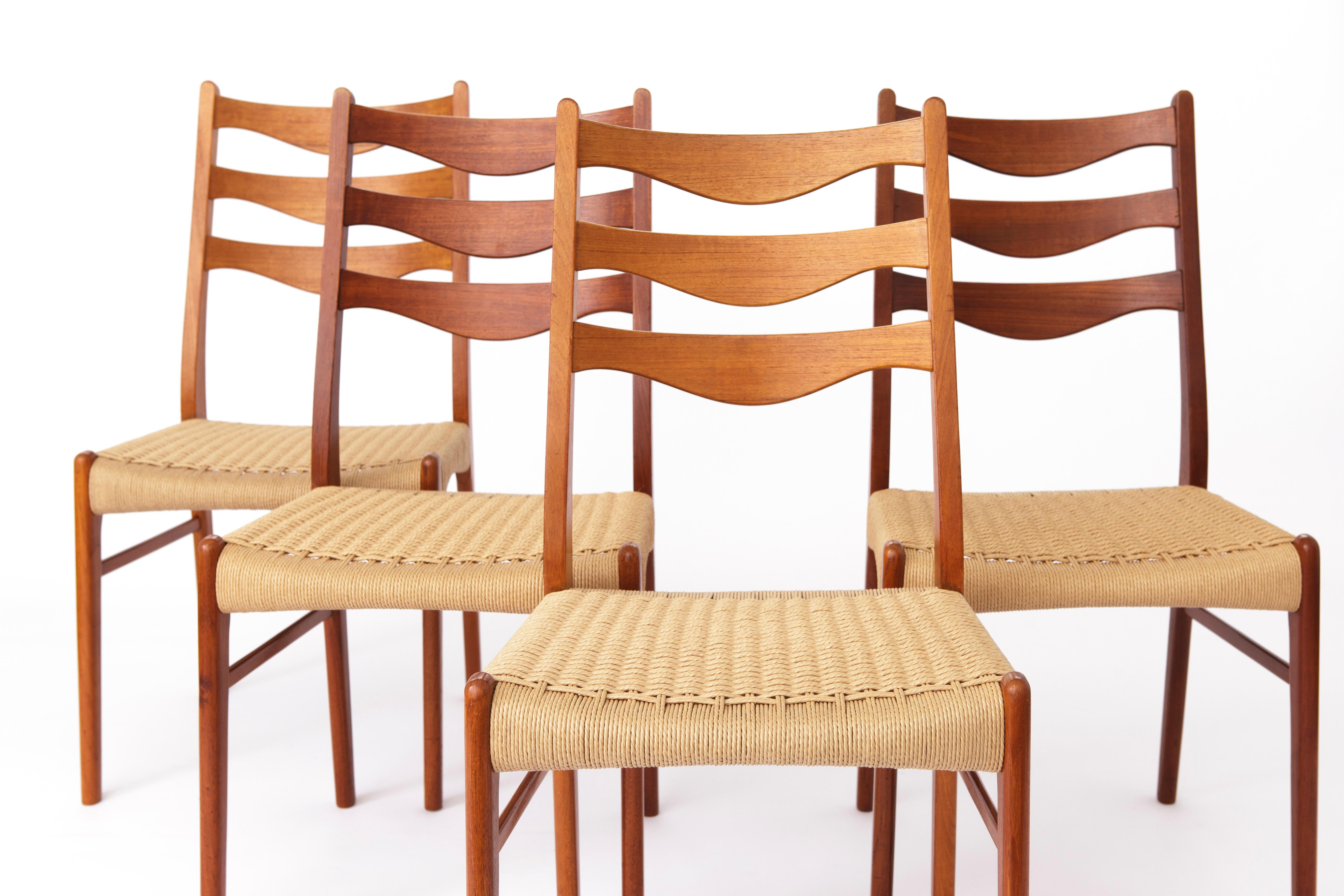 5 Arne Wahl Iversen Mid century teak dining chairs with papercord seat. For Sale 1