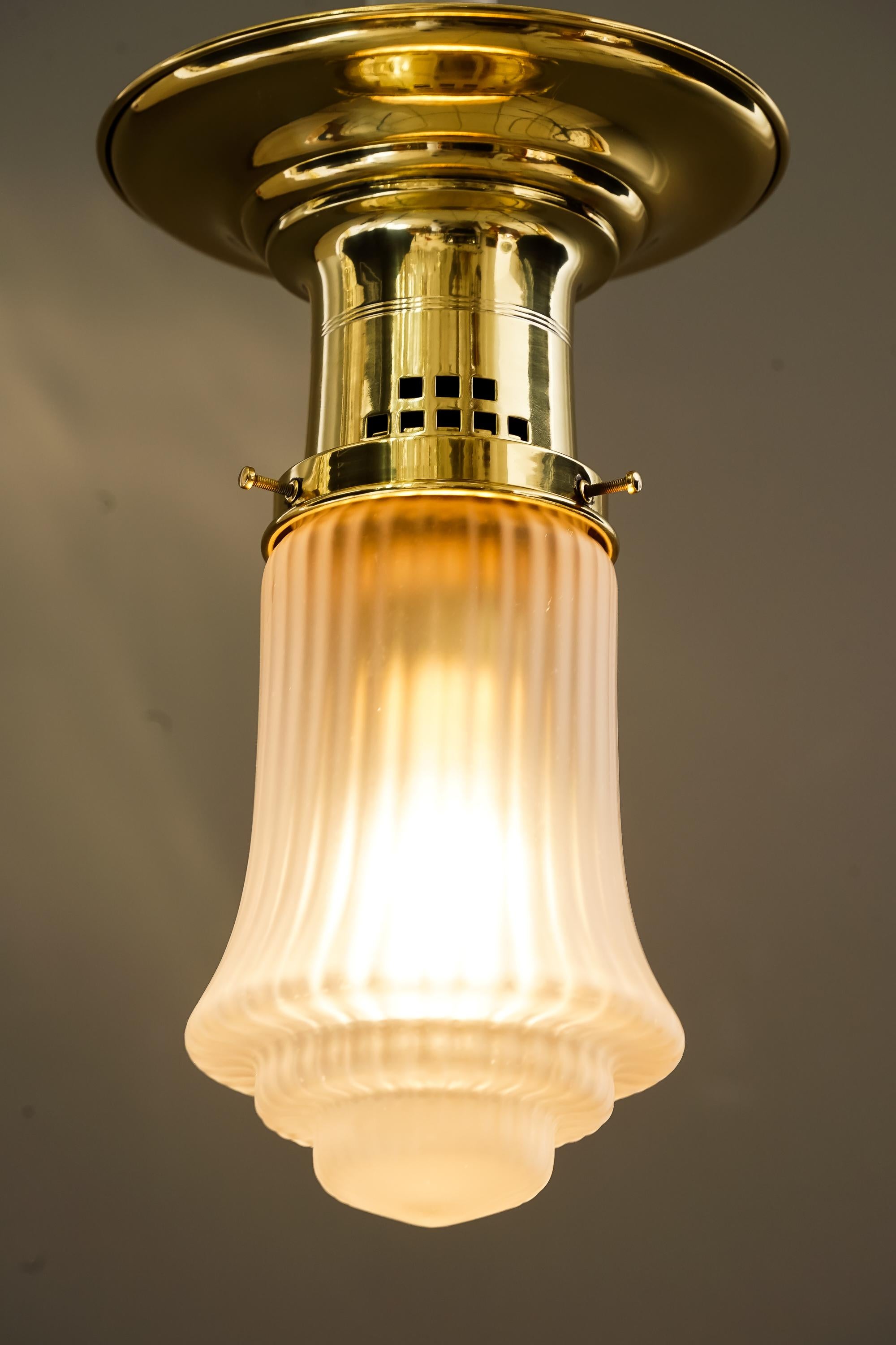 Brass 5 Art Deco ceiling lamps with original antique glass shades vienna around 1920s  For Sale