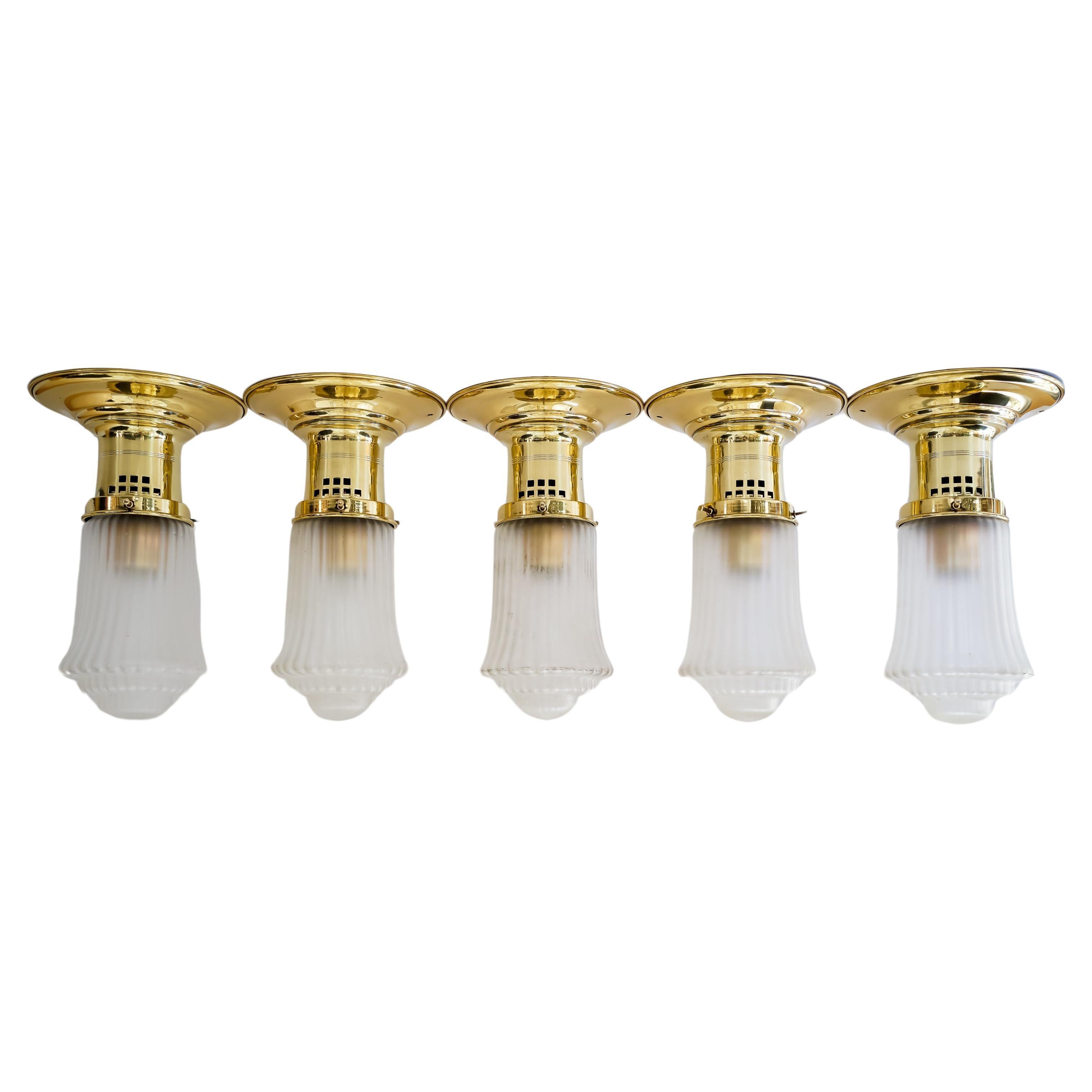 5 Art Deco ceiling lamps with original antique glass shades vienna around 1920s  For Sale