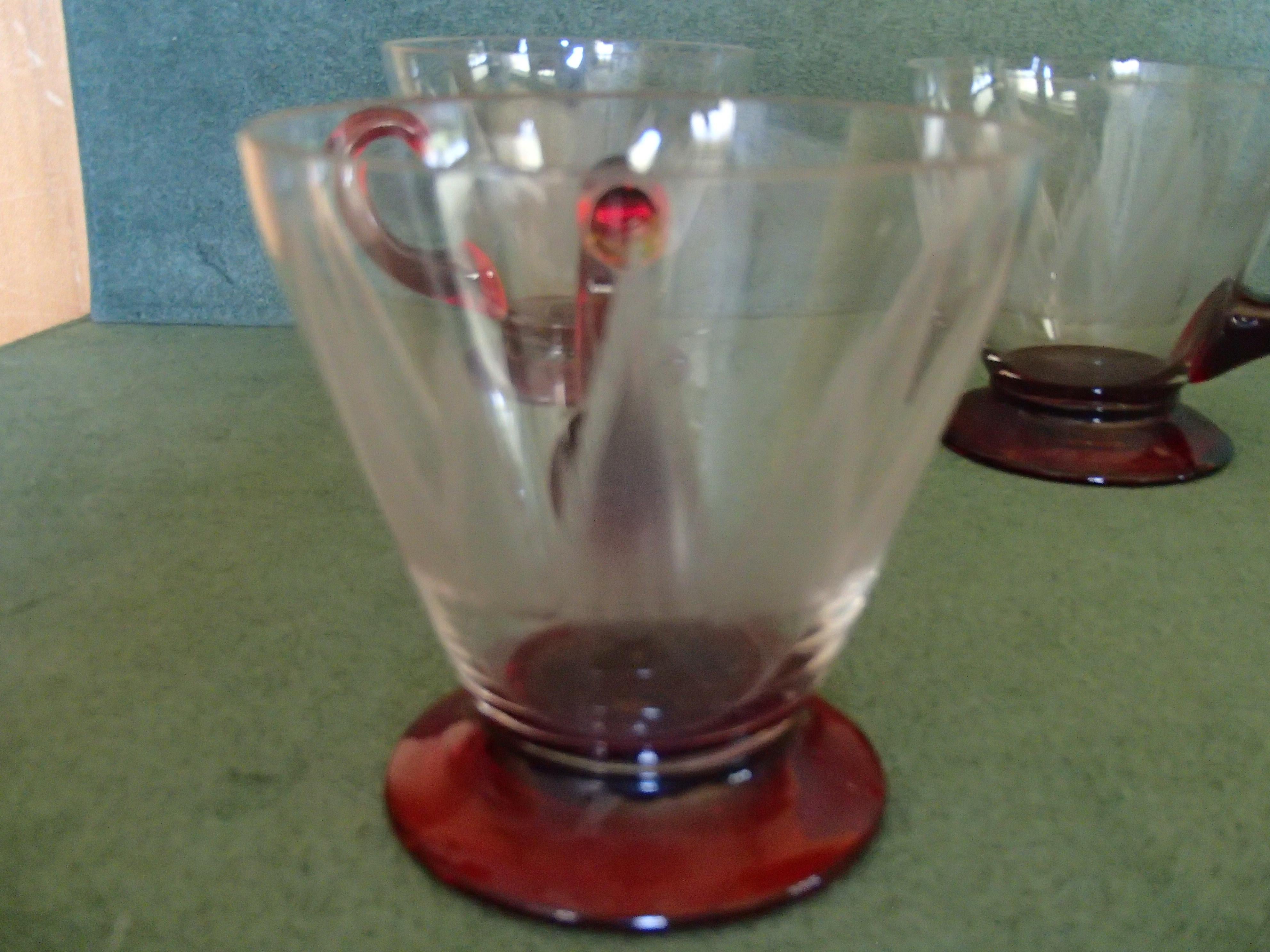 Early 20th Century 5 Art Nouveau Tea Glasses with Red Base and Holder Engraved For Sale